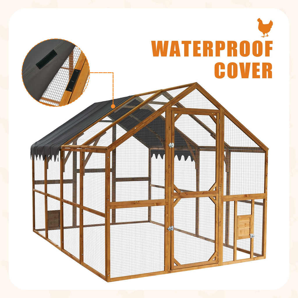 KEIKI Chicken Coop, 9.3 x 6.2 x 6 FT, Large Wooden Chicken Run with Waterproof Cover, Outdoor Walk-in Hen House, for Backyard Farm, Yellow