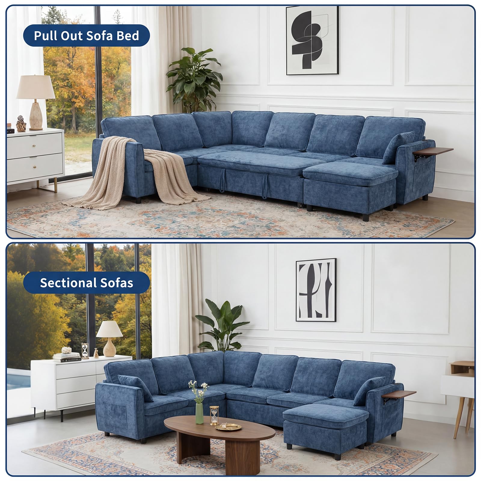 Modular Sectional Couch with Pull Out Sofa Bed, 116" U Shaped Modular Cloud Sofa Set with Ottoman, Charging Port & Foldable Side Table, 7 Seater Comfy Chenille Sleeper Couch for Living Room, Blue