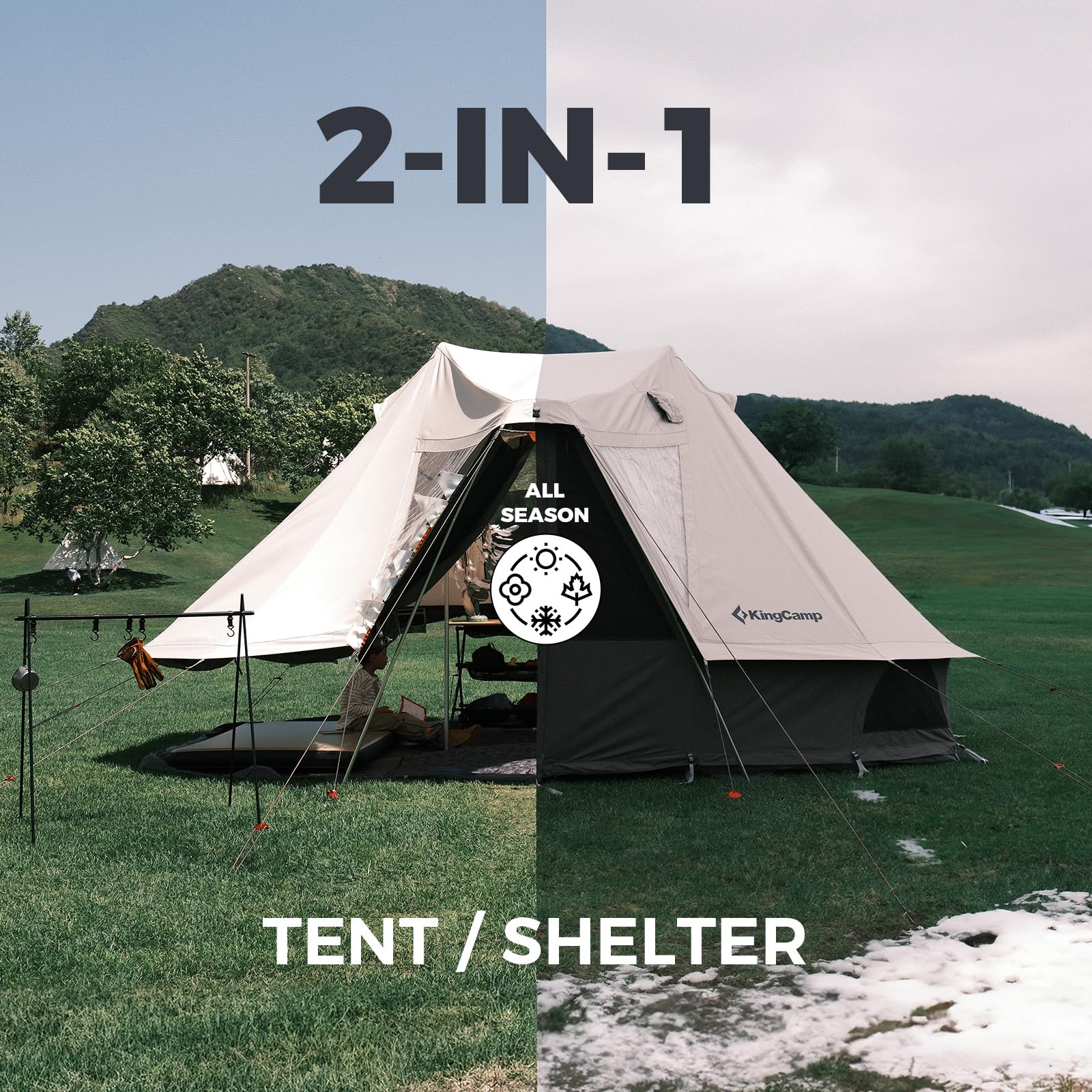 KingCamp Canvas Tent for Camping, 4 Seasons Large Waterproof & Windproof Luxury Glamping Tent with Stove Jack for Family Outdoor Camping, Hunting & Parties