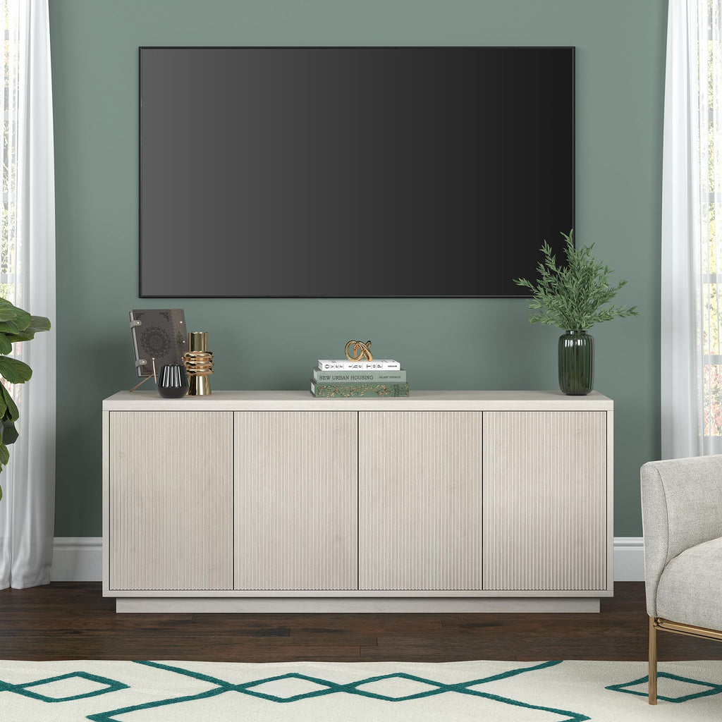 Henn&Hart Fluted TV Stand for TVs up to 65" with 2 Concealed Ribbed Storage Cabinets and Adjustable Shelves for Living Room, Family Room, or Office, Beech White