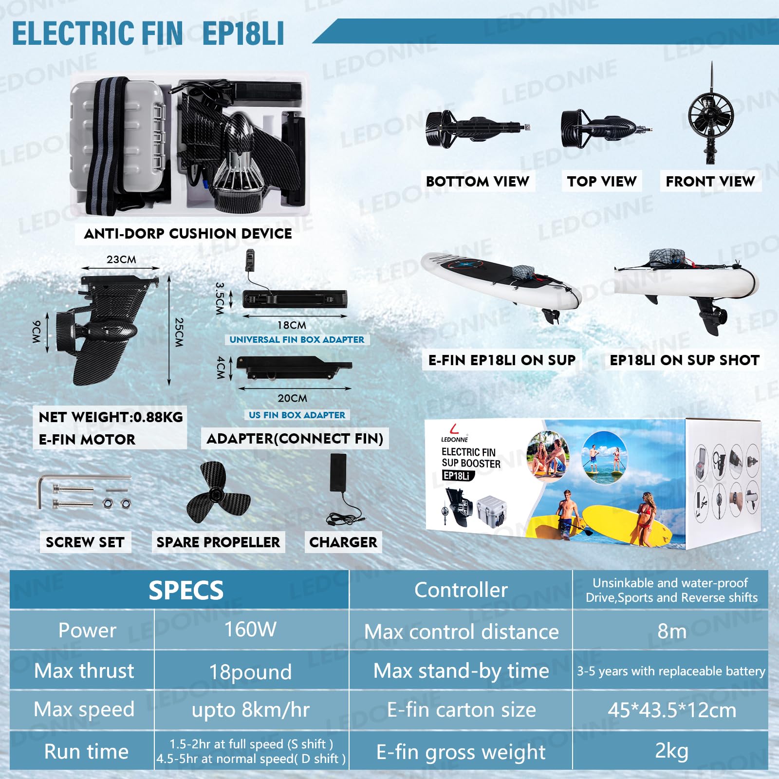 LEDONNE Electric Fin for SUP Electric Surf Fin Underwater Thruster Electric Fin SUP Conversion Kit Surf Booster Electric SUP Fin with Waterproof Battery with LED Battery Indicator