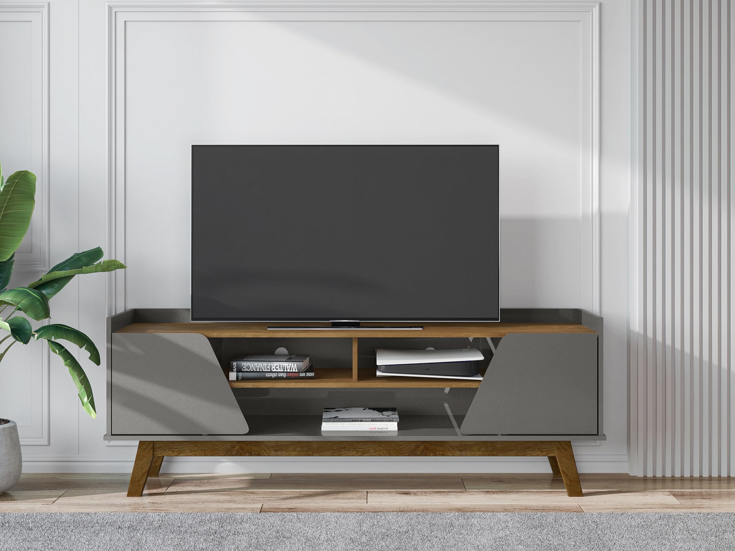 Manhattan Comfort Marcus Mid Century Modern 65 Inch TV Stand with Solid Wood Legs, Cable Management, 5 Shelves and Soft Close Doors, Entertainment Center and Media Console for Living Room, Grey