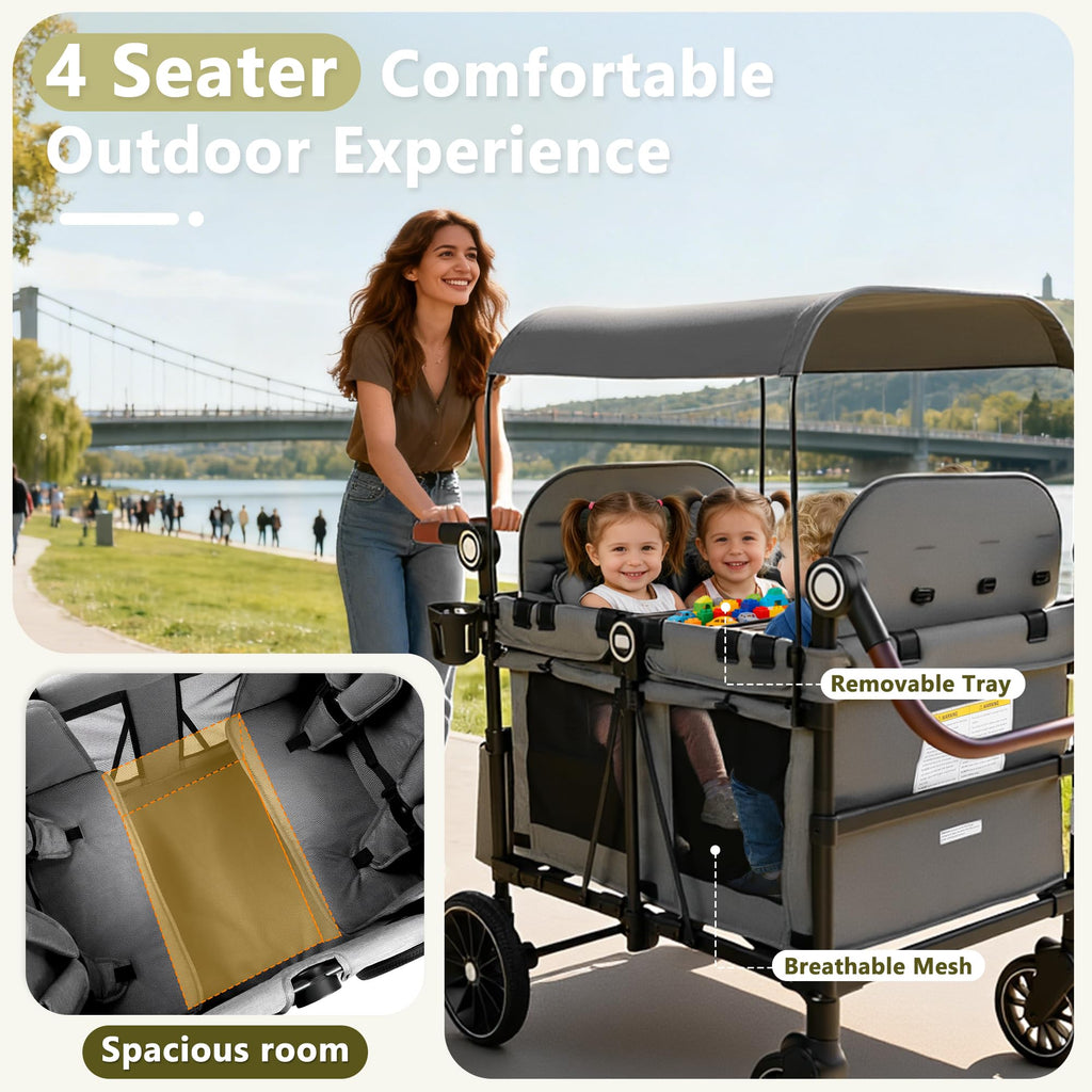 Kinder King Wagon Stroller for 4 Kids, All-Terrain Foldable Outdoor Stroller Wagon 4 Seater, Removable Canopy, Adjustable Handle, Detachable Tray, Large Storage, Grey