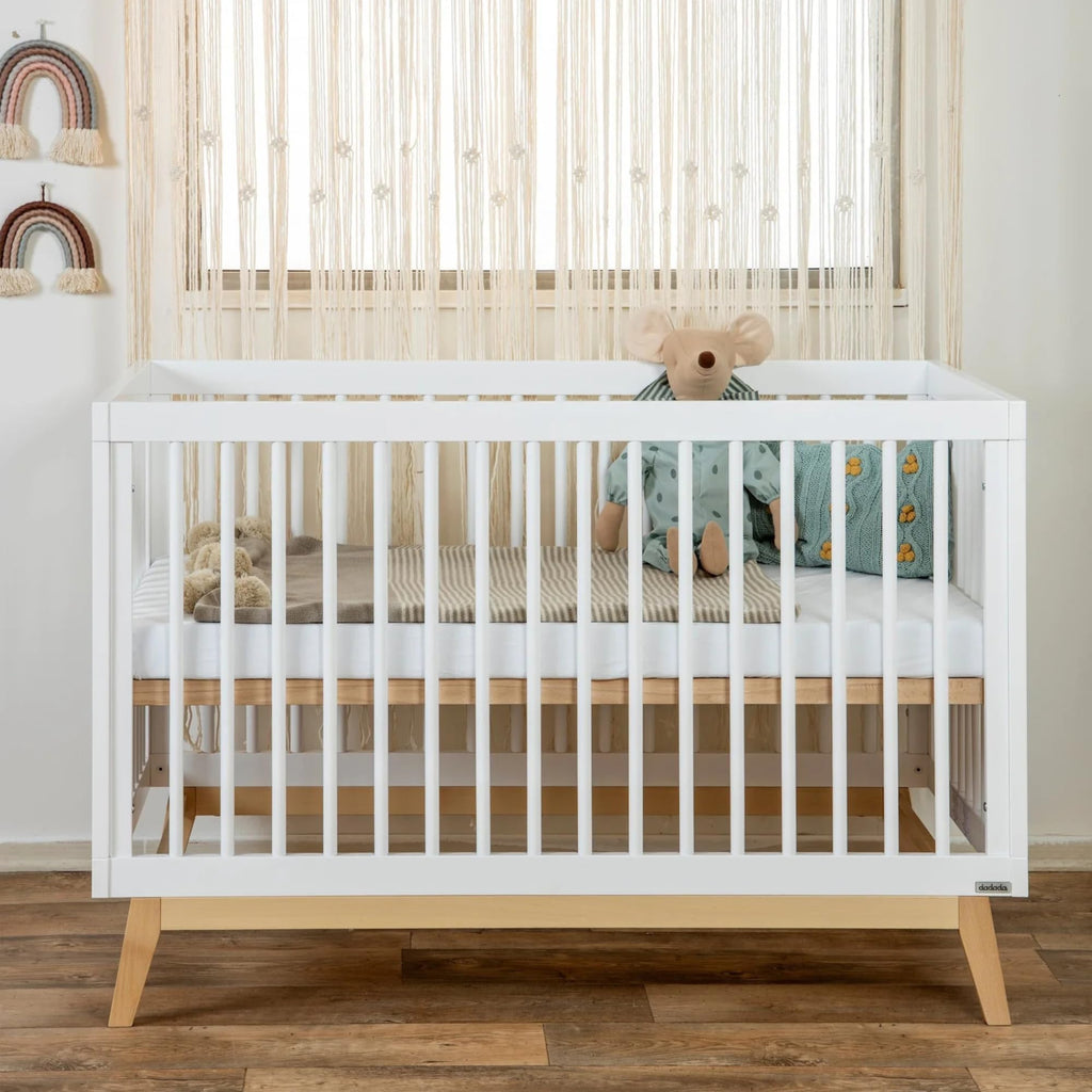 dadada Baby Soho 3-in-1 Convertible Wooden Crib to Toddler Bed - Made in Italy, GREENGUARD Gold Certified, Baby-Safe Finish, Handcrafted Beechwood, Modern Design, 3 Adjustable Heights (White/Natural)