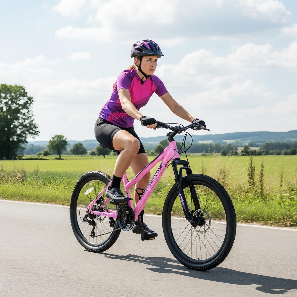 Ecarpat Women's Mountain Bike 24 Inch Wheels, 21-Speed Trail Commuter City Mountain Bikes, 15" Carbon Steel Frame Female Bicycles Disc Brakes Front Fork, Pink