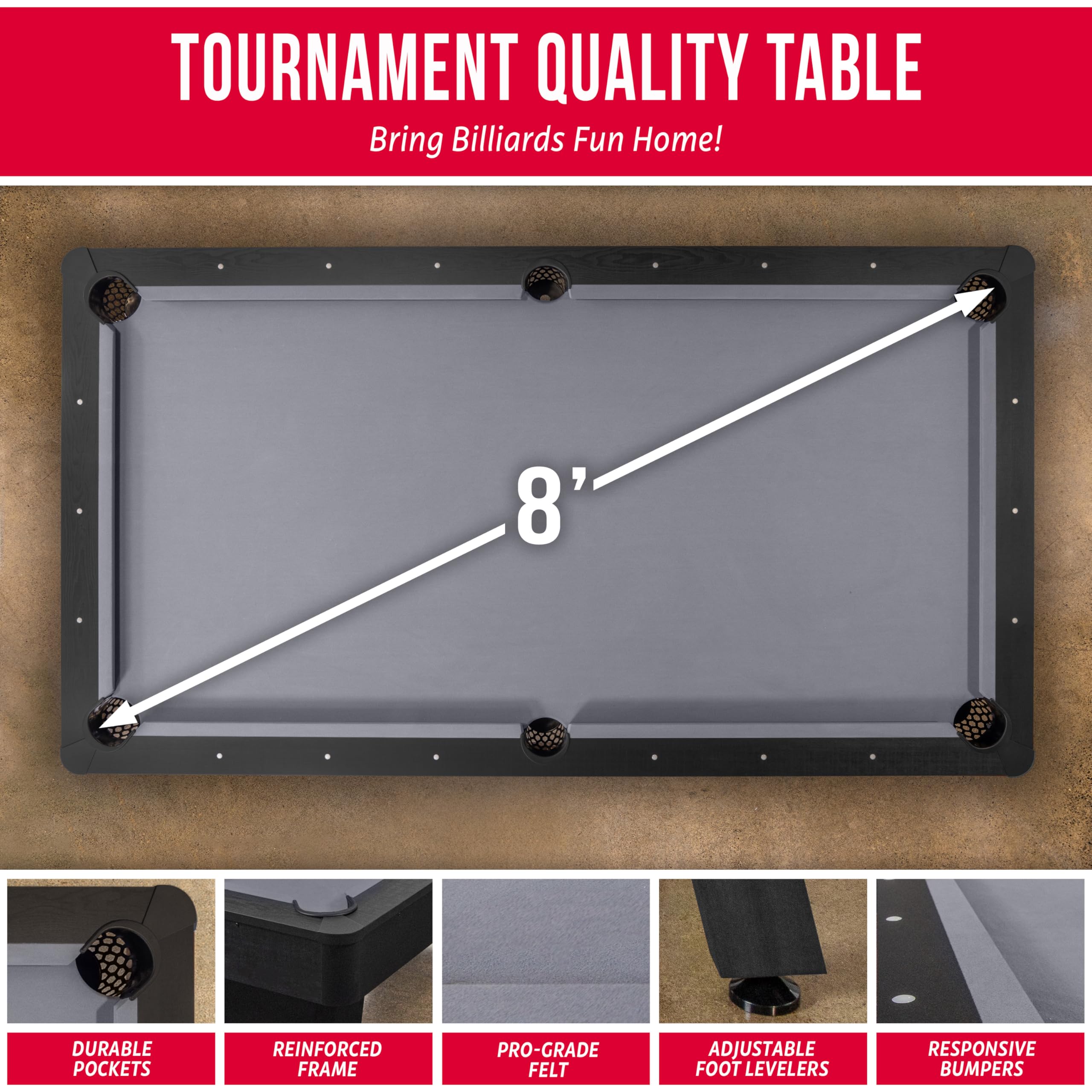 GoSports 8 ft Pool Tables with Wood Finish - Billiards Game Room Table for Adults & Family - Accessories Not Included - Gray