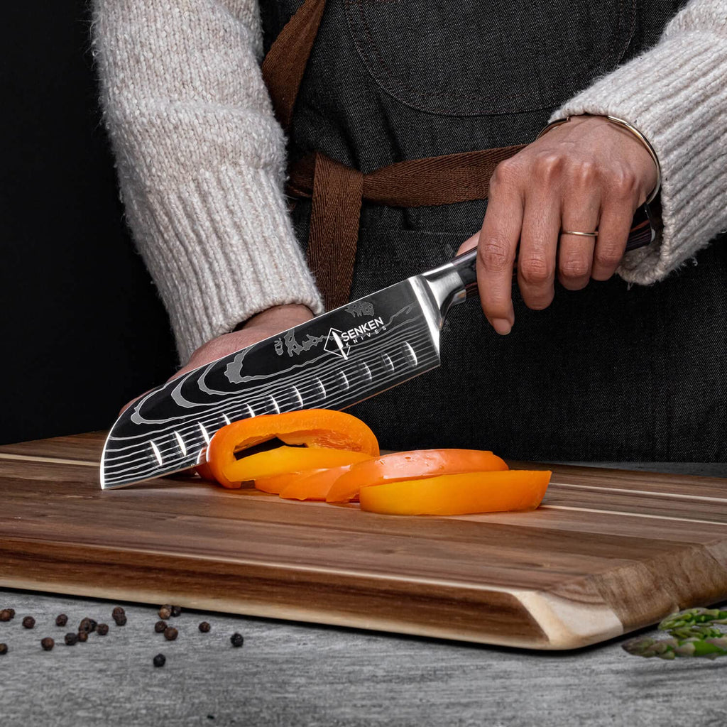 SENKEN 16-Piece Natural Acacia Wood Kitchen Knife Block Set - Japanese Chef's Knife Set with Laser Damascus Pattern, Includes Steak Knives, Kitchen Shears, Santoku, Cleaver & More (Wooden Handles)