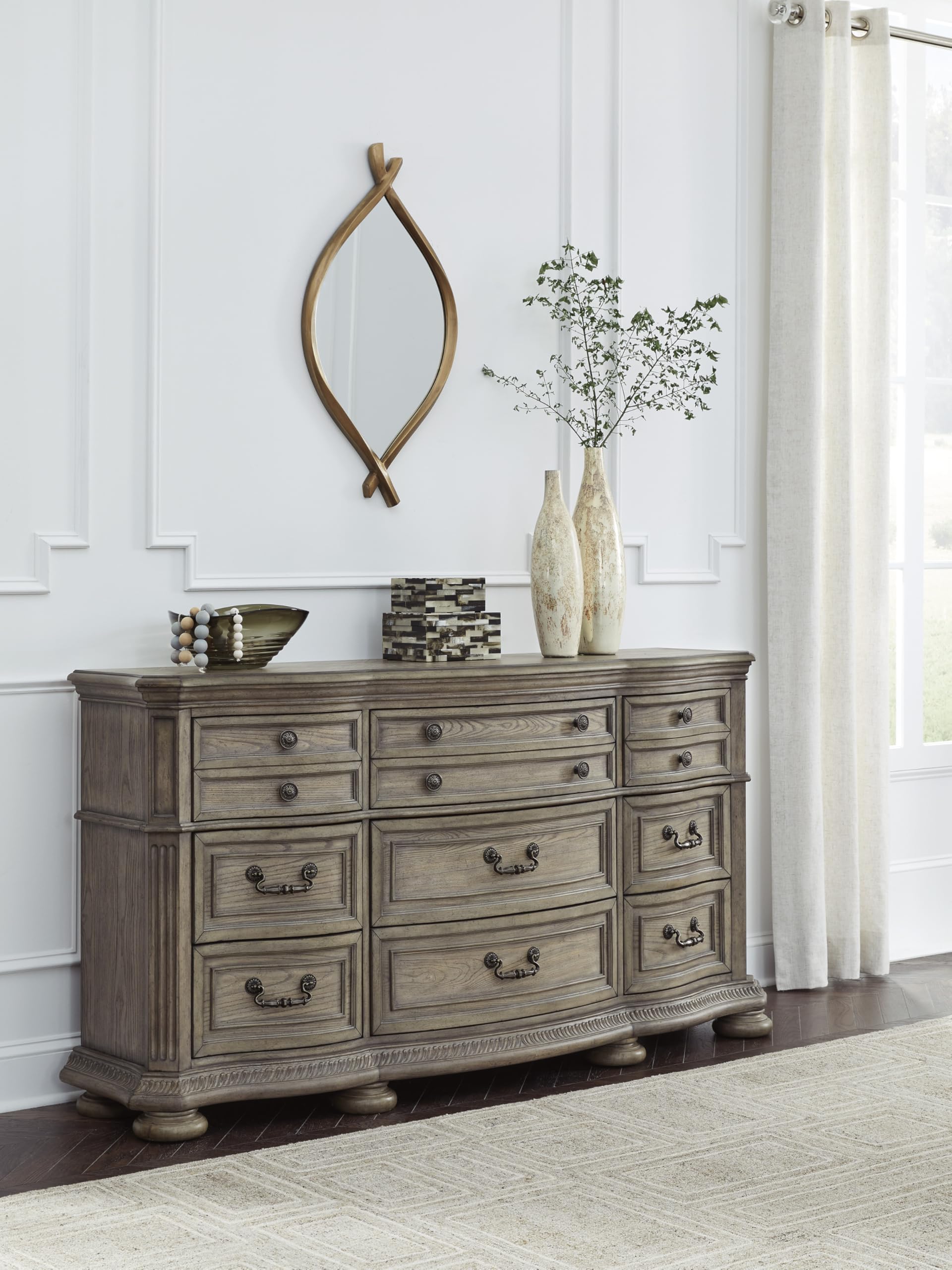Signature Design by Ashley Ardenfield Traditional Nine-Drawer Dresser with Dovetail Construction, Top Drawers Felt Lined, Metal Hardware, Wood, Light Brown