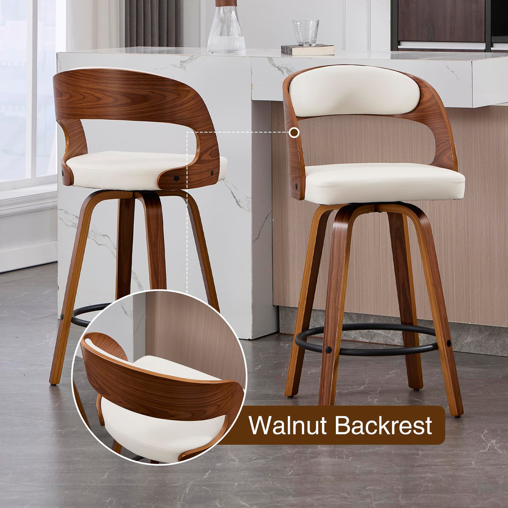 VipDesk Swivel Bar Stools Set of 2, Walnut Counter Height Bar Stools with Back and Arms, 26" Modern Faux Leather Upholstered Bar Chairs with Bentwood Frame for Kitchen Island Bar - White