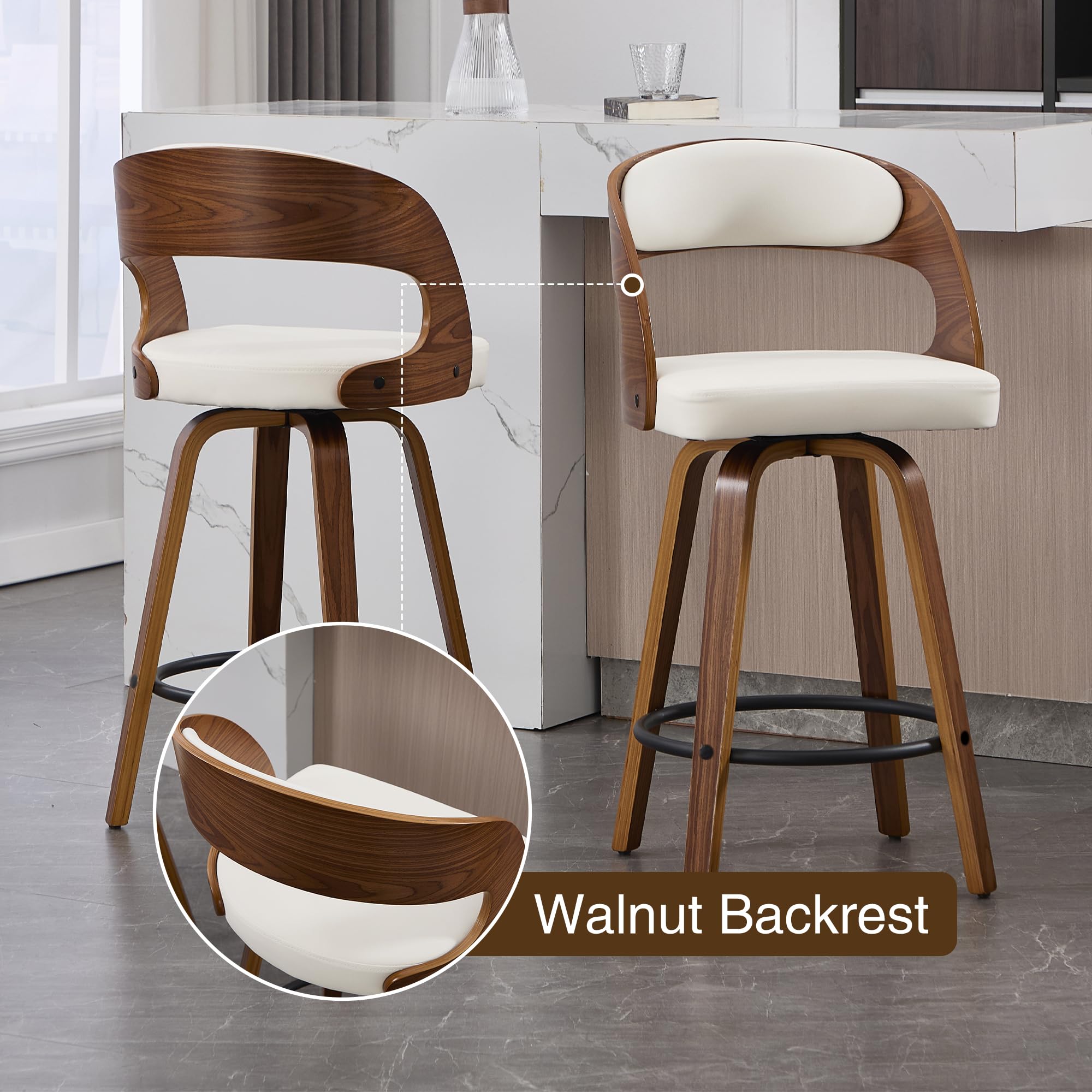 VipDesk Swivel Bar Stools Set of 2, Walnut Counter Height Bar Stools with Back and Arms, 26" Modern Faux Leather Upholstered Bar Chairs with Bentwood Frame for Kitchen Island Bar - White