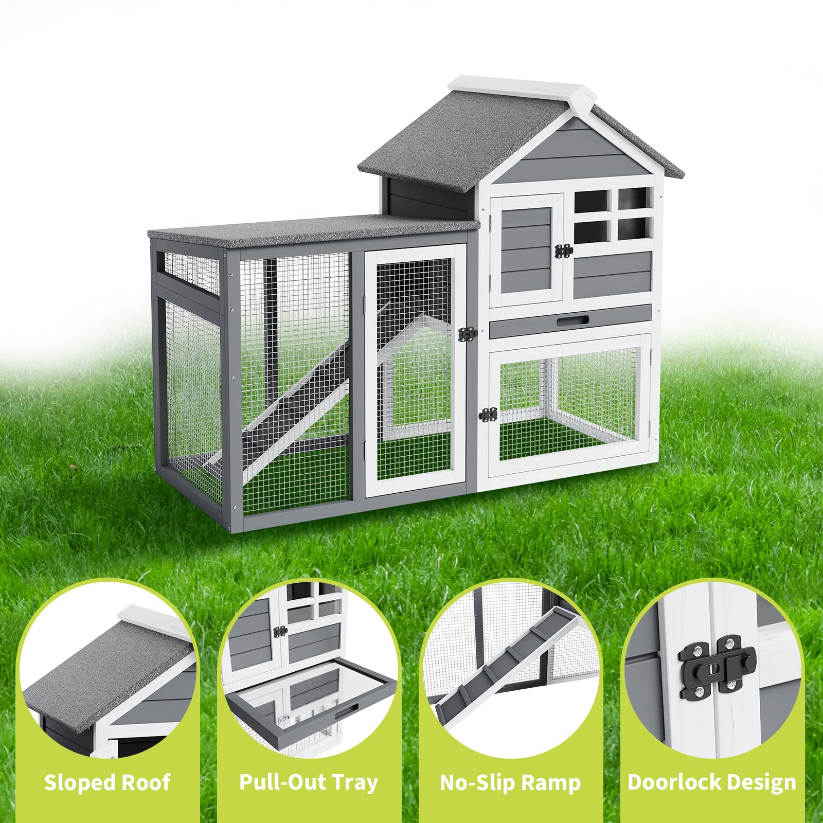 GarveeTech 2-Story Rabbit Hutch Outdoor, 45" Bunny Hutch, Small Chicken Coop Wooden with Pull-Out Tray & Ramp, Bunny Cage with Waterproof Roof, Poultry Cage for Bunnies, Chickens, Ducks, Guinea Pigs