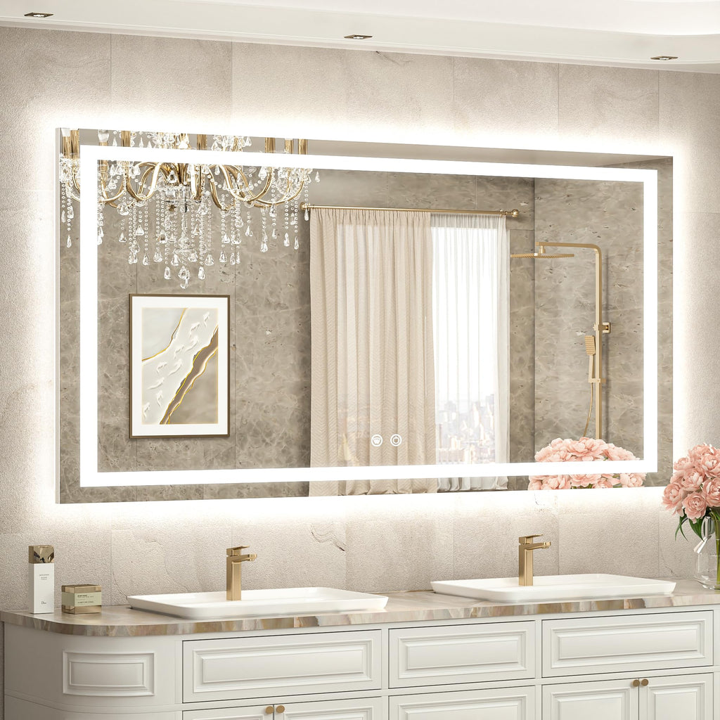 TETOTE 55 x 30 LED Bathroom Mirror with Frontlit and Backlit, Brighter Light up Bathroom Vanity Mirror with Lights, 3-Color Dimmable Lighted Vanity Anti Fog Mirror, Waterproof, Shatterproof