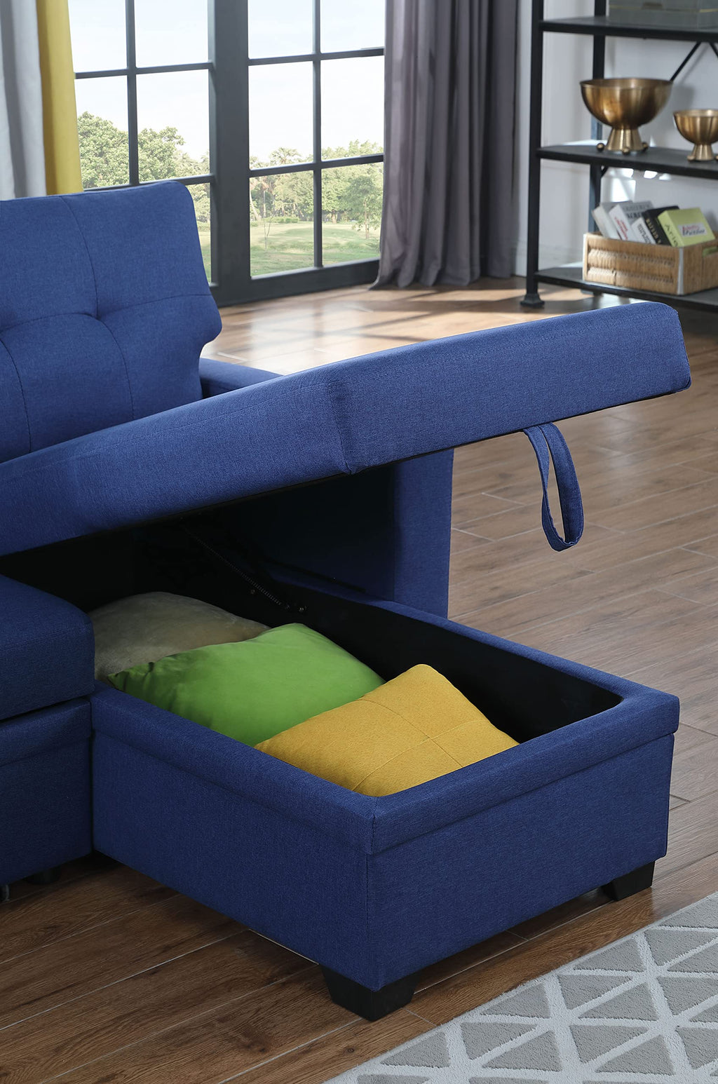 Acosure 82" Sleeper Couch with Pull Out Bed,L-Shape Upholstered Sectional Small Sofa W/Storage Chaise,Tufted Backrest Design,3 Seat Linen Convertible Sofas for Living Room Apartment Office,Blue