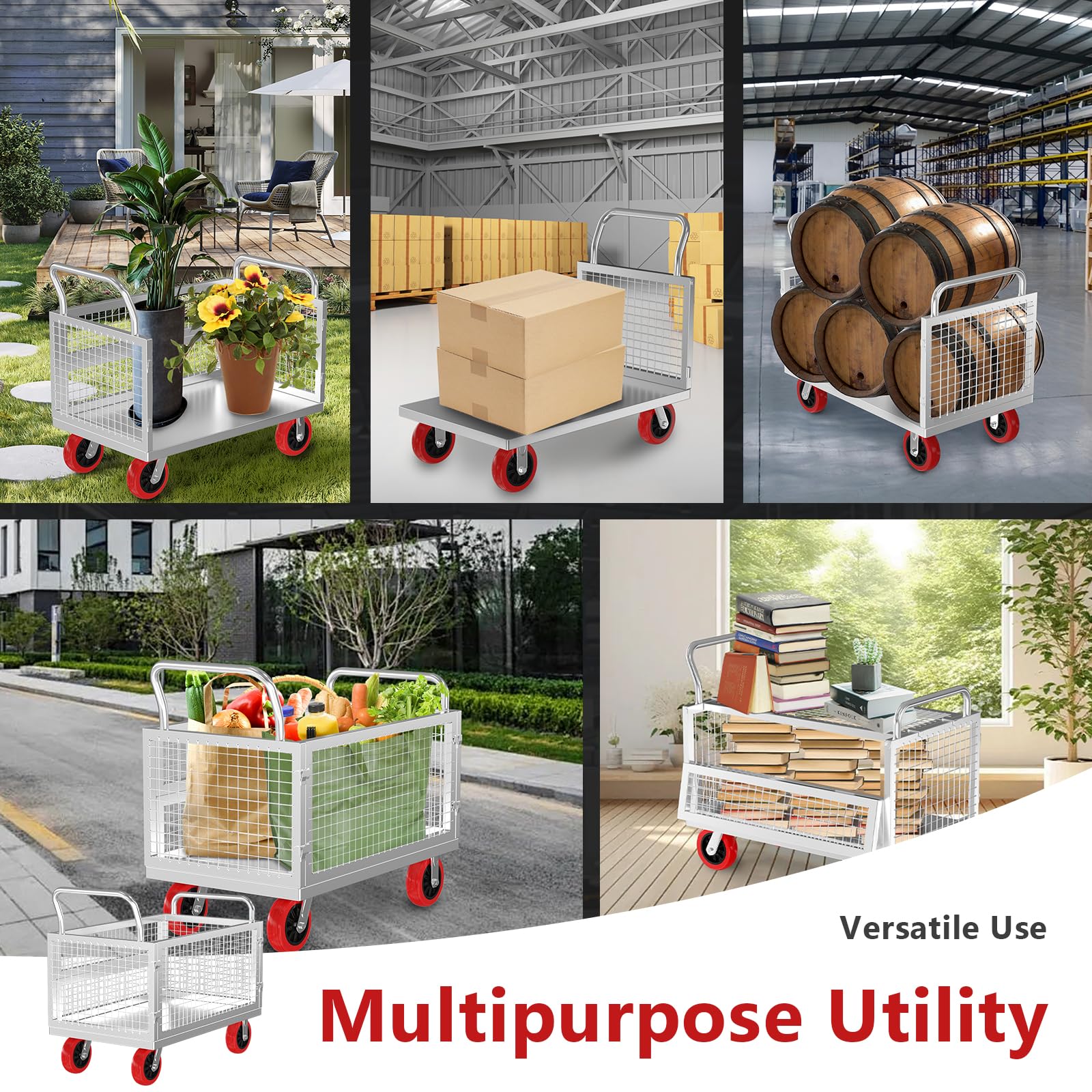 5IN1 Heavy Duty Platform Truck with Cage 40x24 Hand Truck,1800lbs Capacity Basket Cart w/Wheels, Multi-Functional Push Dolly w/6” Swivel Casters, Versatile Flatbed Cart