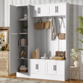 Merax Farmhouse Wood Hall Tree with Shoe Bench & 6 Cabinets, 4-in-1 Coat Rack with 4 Hooks & Adjustable Shelves, Entryway Storage Organizer Cabinet for Entrance, Hallway, Mudroom White
