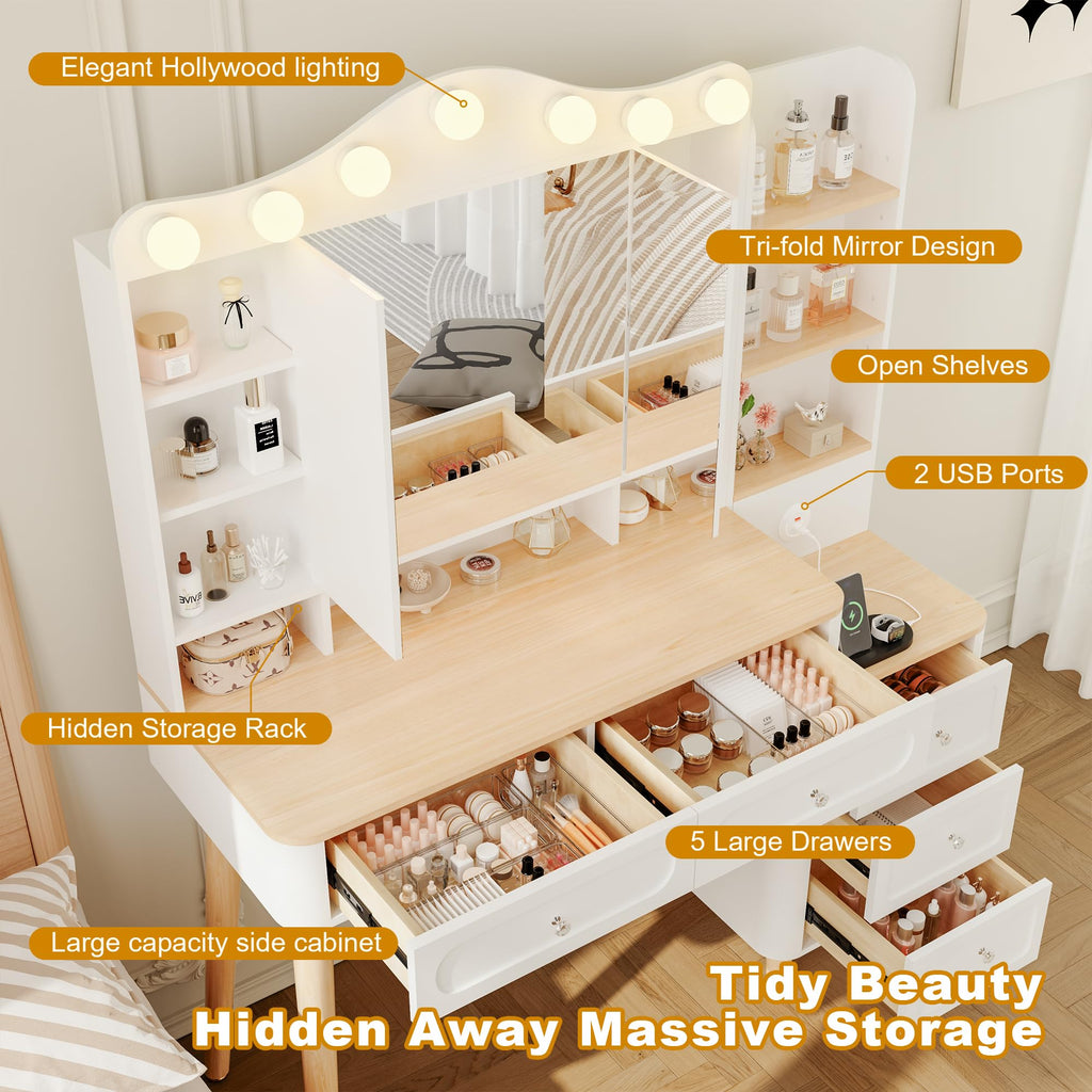 KEIKI Vanity Desk with Adjustable LED Lighted Mirror & USB Ports, Makeup Vanity Table Set with & Foldable 3-Sided Mirror & Large 5 Storage Drawers & Chest for Women and Girls Bedroom Dorm