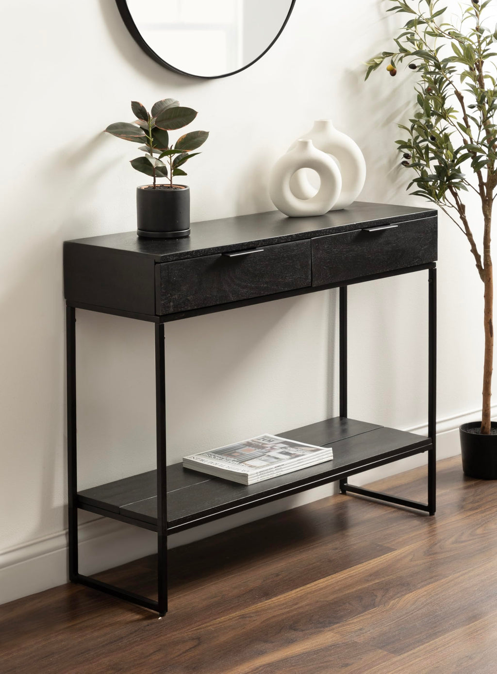 Kate and Laurel Malone Modern Wooden Console Table with Wood Shelf; 36 x 13 x 31; Black; Transitional Wood Entryway Table with Shelf and Drawers for Entry Storage Options