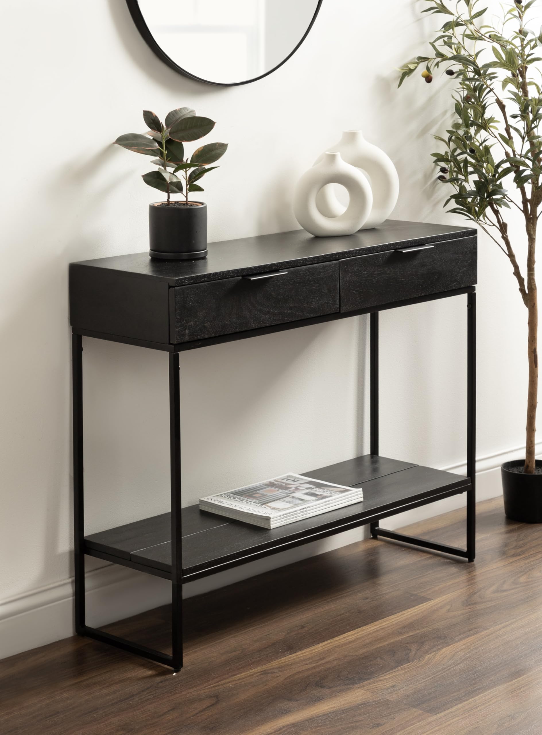 Kate and Laurel Malone Modern Wooden Console Table with Wood Shelf; 36 x 13 x 31; Black; Transitional Wood Entryway Table with Shelf and Drawers for Entry Storage Options