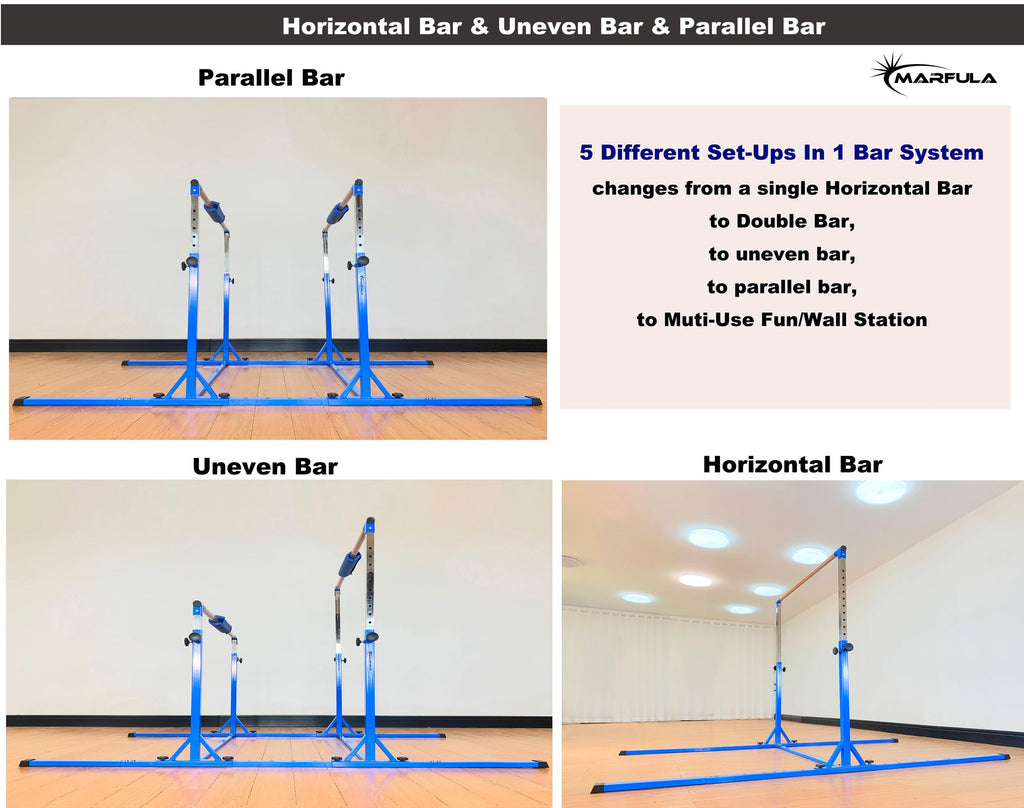 MARFULA Gymnastics Double Horizontal Bars 3Play Parallel Bars Uneven Bars Gymnastics Training Kip Bar with 304 Stainless Steel Regulating Arms & Fiberglass Rail for Indoor Outdoor Home Club Use