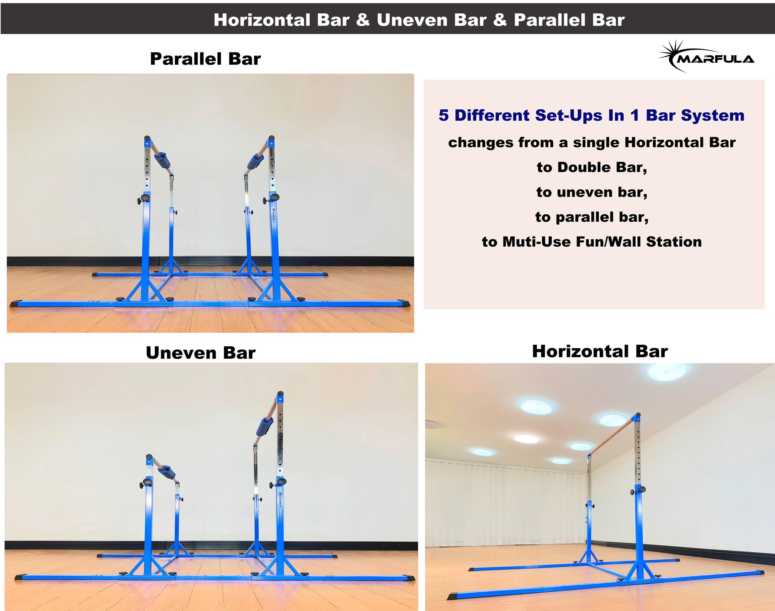MARFULA Gymnastics Double Horizontal Bars 3Play Parallel Bars Uneven Bars Gymnastics Training Kip Bar with 304 Stainless Steel Regulating Arms & Fiberglass Rail for Indoor Outdoor Home Club Use