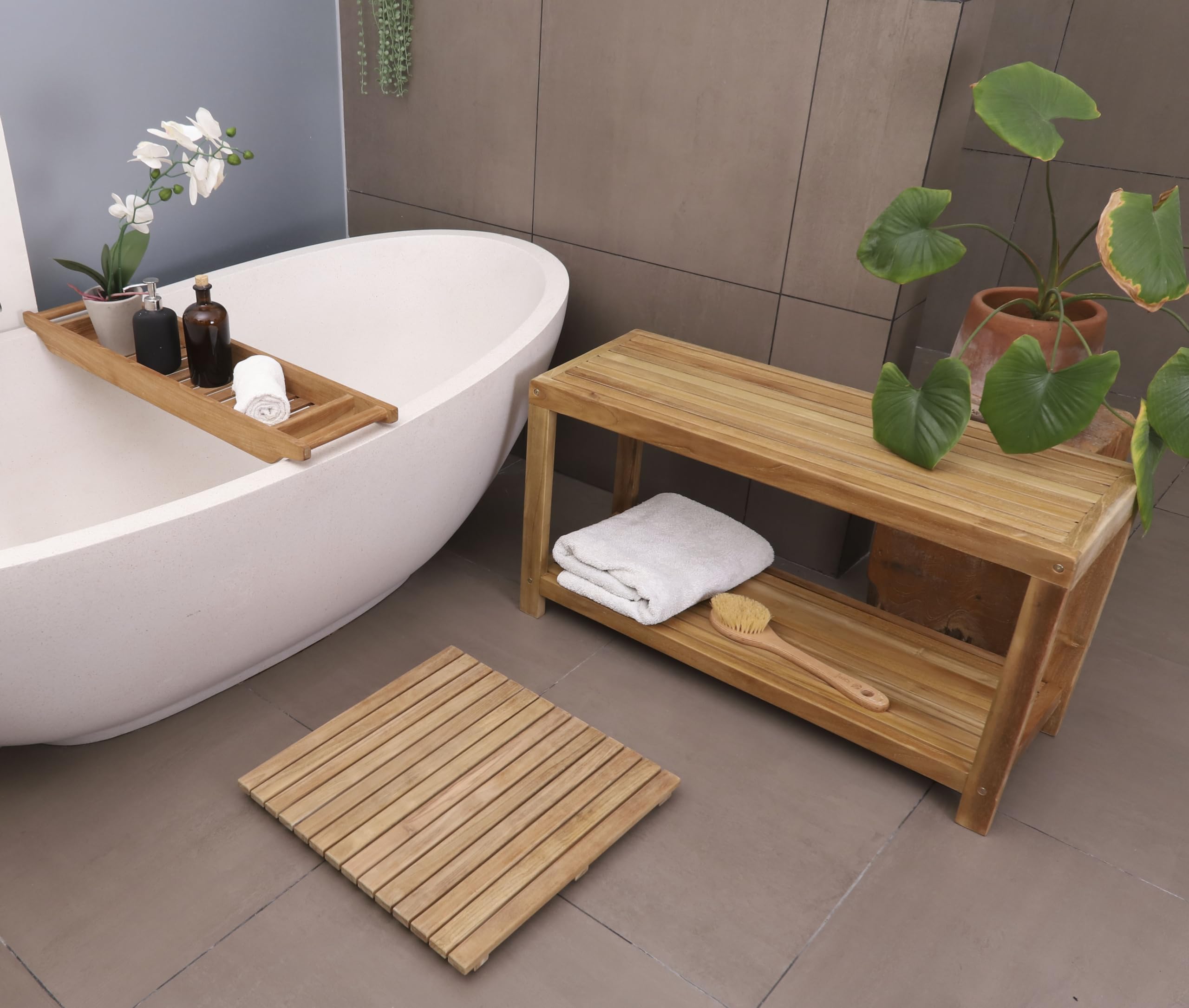 NORDIC STYLE TEAK Wood Shower Stool and Spa Bench with Shelf, Teak Shower Bench for Indoor and Outdoor Use, Teak Storage Bench, Teakwood Shower Bench, Natural Finish, 35"