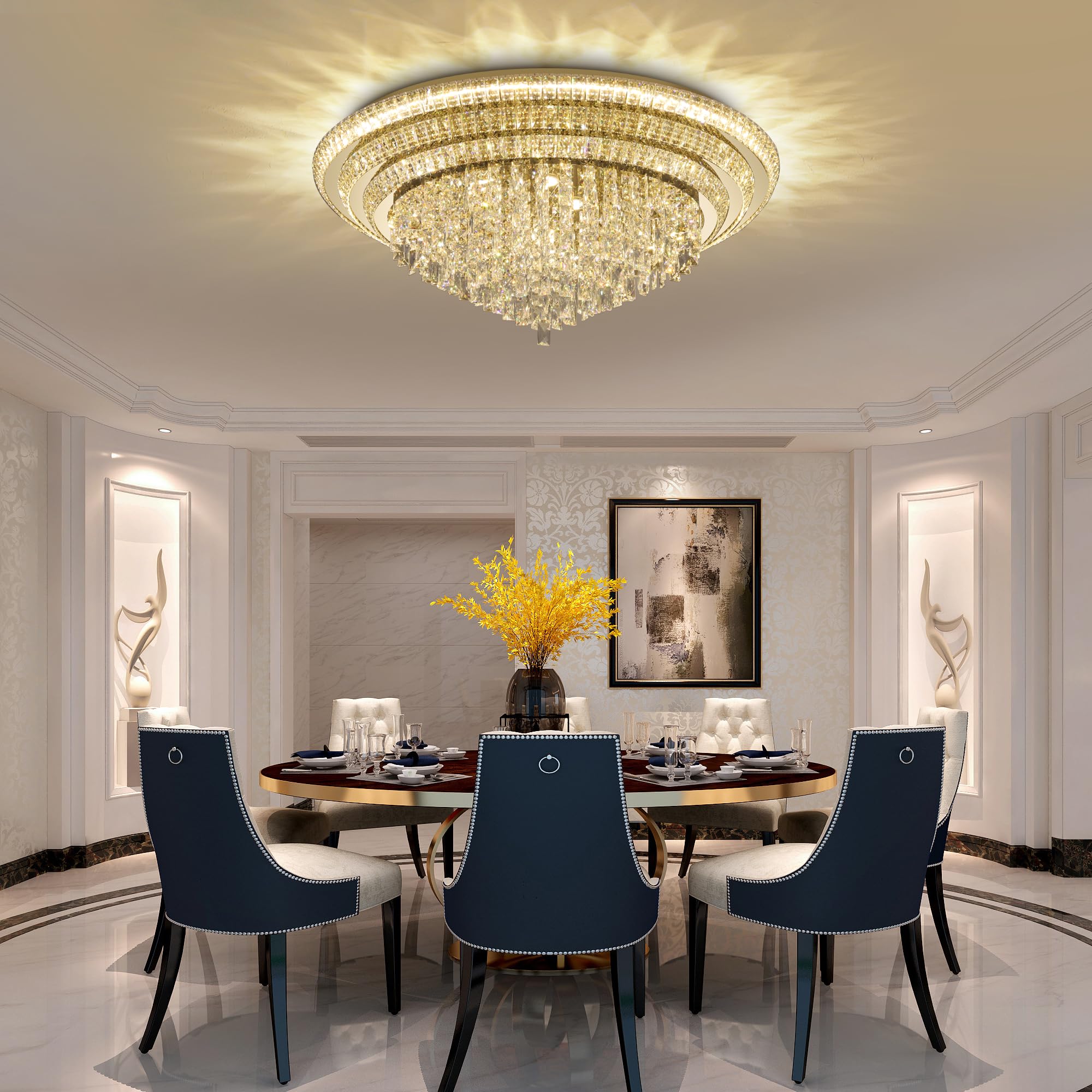 40 inch Flush Mount Crystal Chandeliers with Remote and APP Gold, Modern Elegant LED Crystal Raindrop Ceiling Light Fixture, 3CCT Dimmable, for Living Room Kitchen Island Bedroom Entryway Foyer