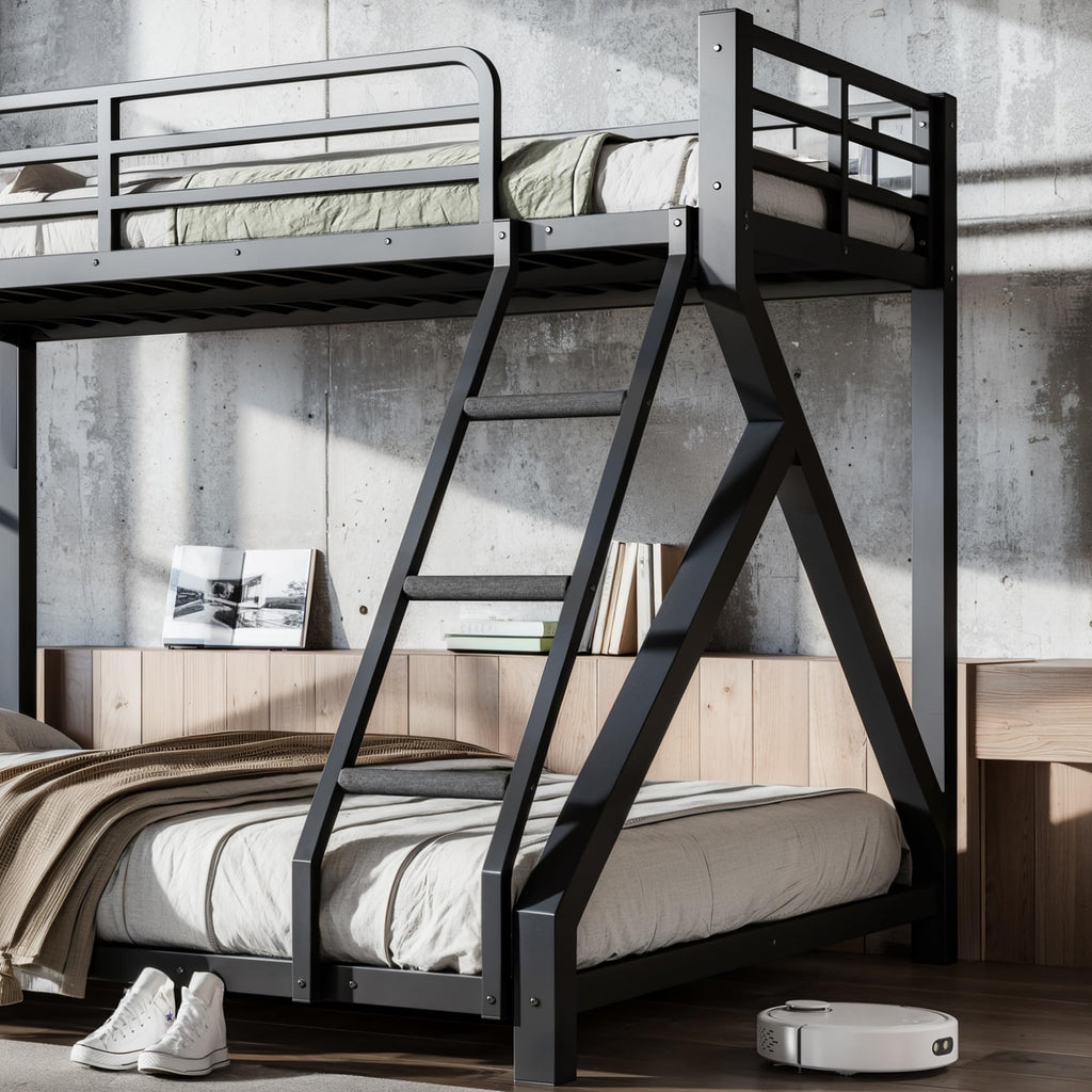 QLUSAN Latest Upgraded & Stronger Heavy Duty Metal Twin XL Over Queen Size Bunk Bed, Safer Thickened More Stable Bunkbed (Greater Weight Capacity) (Twin XL Over Queen (A),Black)