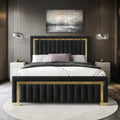 HOME DESIGN Olathe King Size Upholstered Panel Bed Frame, Vertical Channel Tufted Headboard with Gold Metal Accent, Velvet Fabric, Platform Design, Box Spring Required, Black