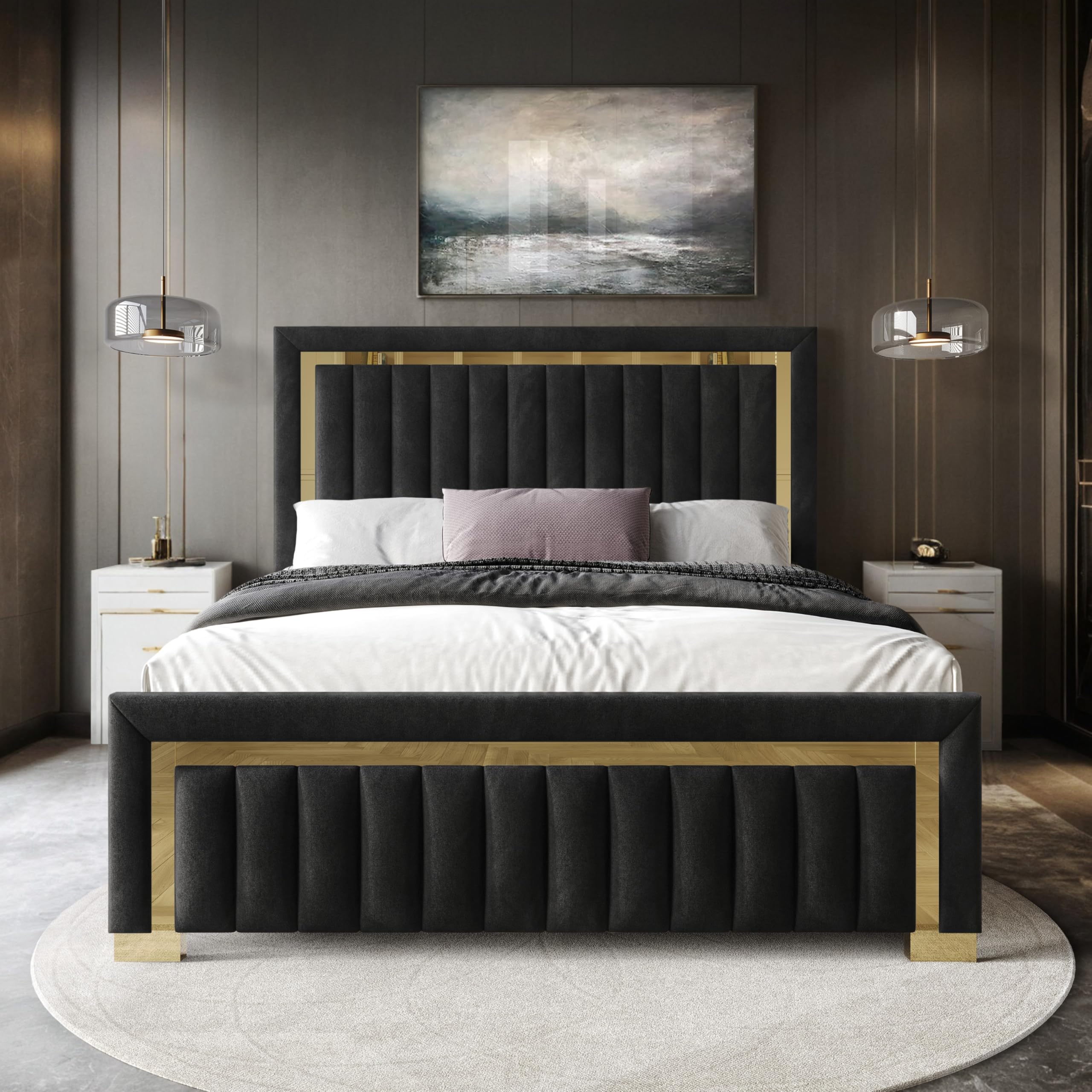 HOME DESIGN Olathe King Size Upholstered Panel Bed Frame, Vertical Channel Tufted Headboard with Gold Metal Accent, Velvet Fabric, Platform Design, Box Spring Required, Black