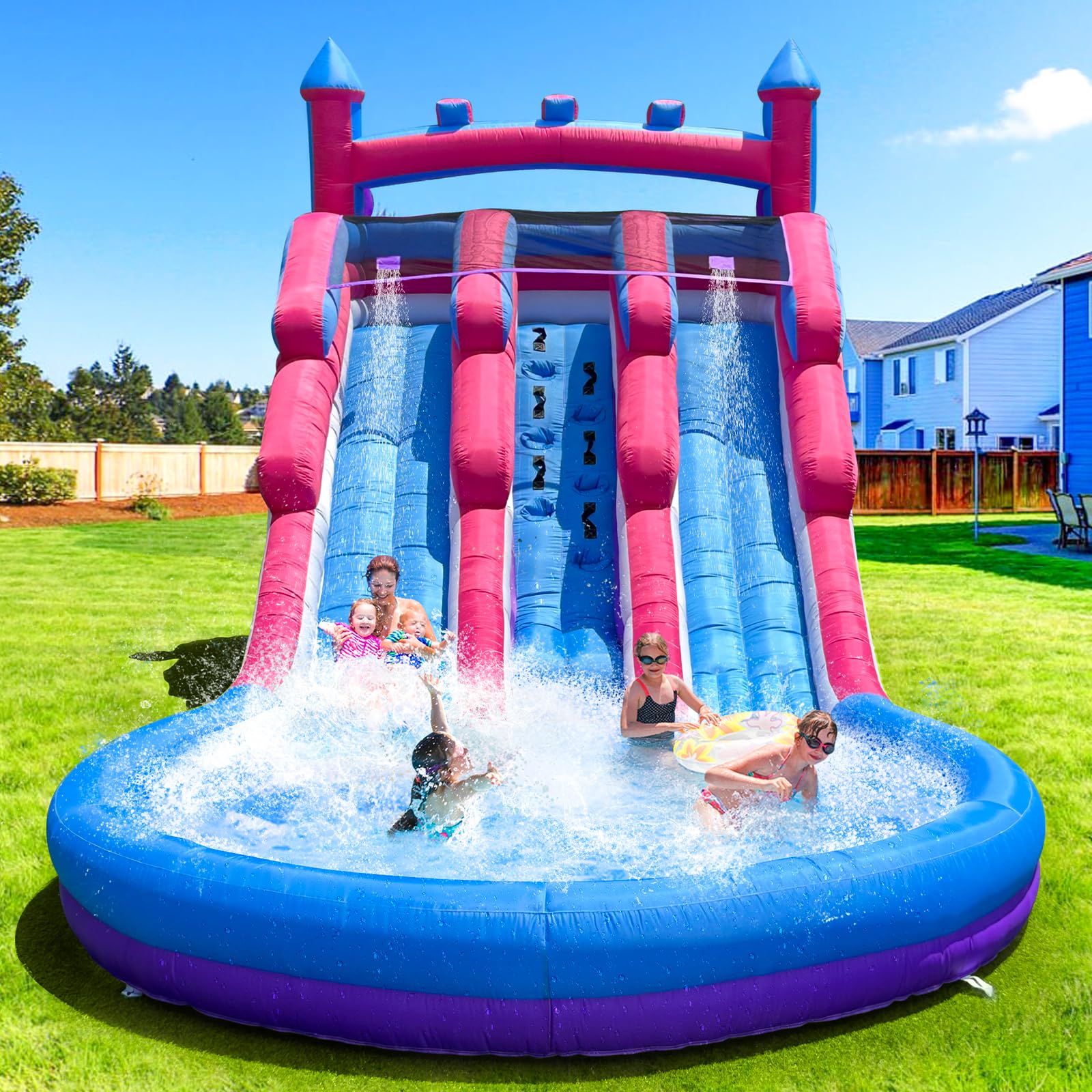 Grade Inflatable Water Slide for Kids and Adults, 21x12x9FT Giant Pink and Blue Water Slide with Blower and Double Slide, Water Slide Bounce House for Backyard Summer Party (Dual Slide Pink Waves)