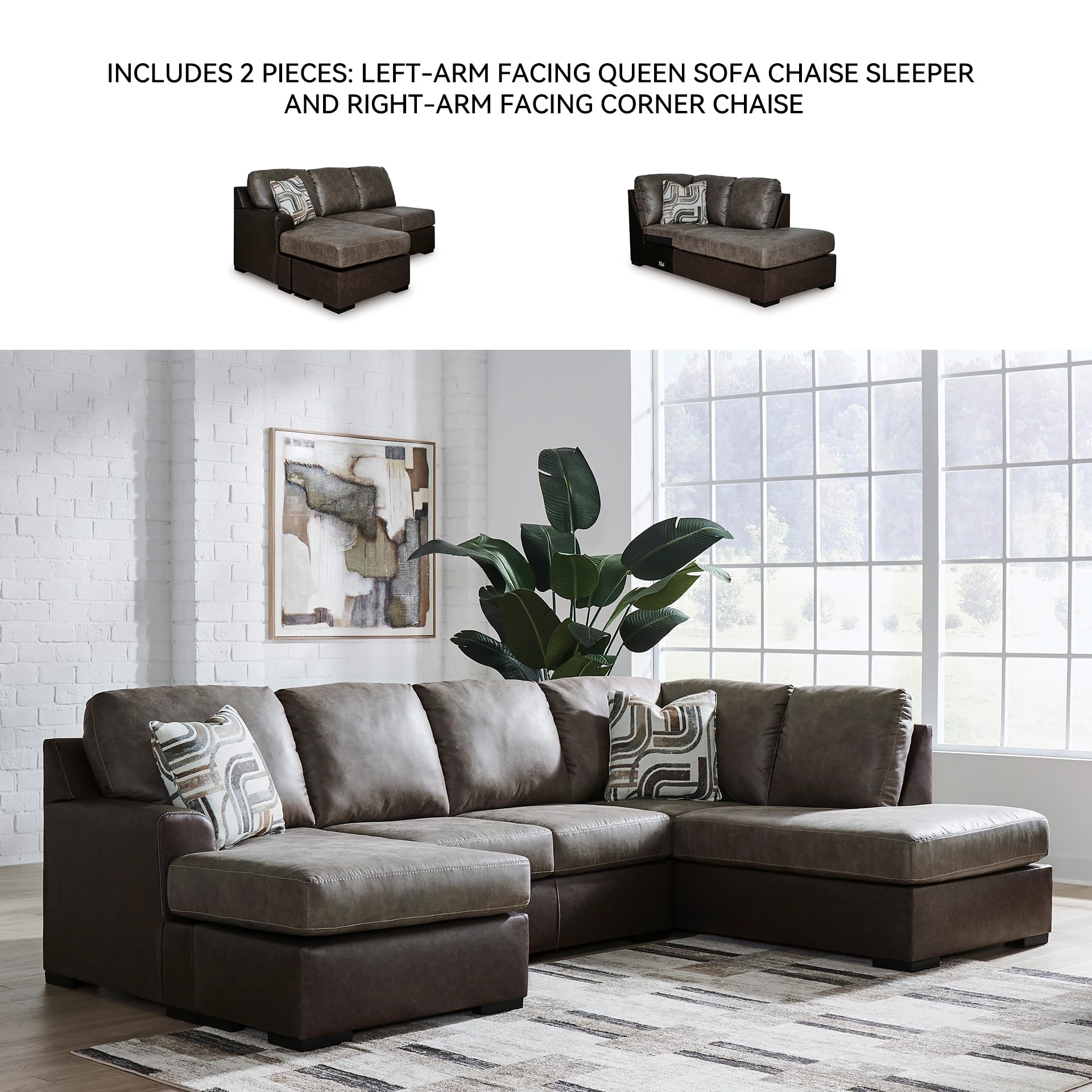 Signature Design by Ashley Baltic‑Park Sleeper Sectional Sofa with Chaise, Faux Leather Couch Bed with Queen Memory Foam Mattress for Modern Living Room Lounging, Brown