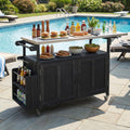 Outdoor Kitchen Island Cart with Foldable Stainless Steel Top, Rolling Grill Table with Adjustable Shelf Storage Spice Rack and Towel Holder, Wooden BBQ Prep Station with Lockable Wheels, Black