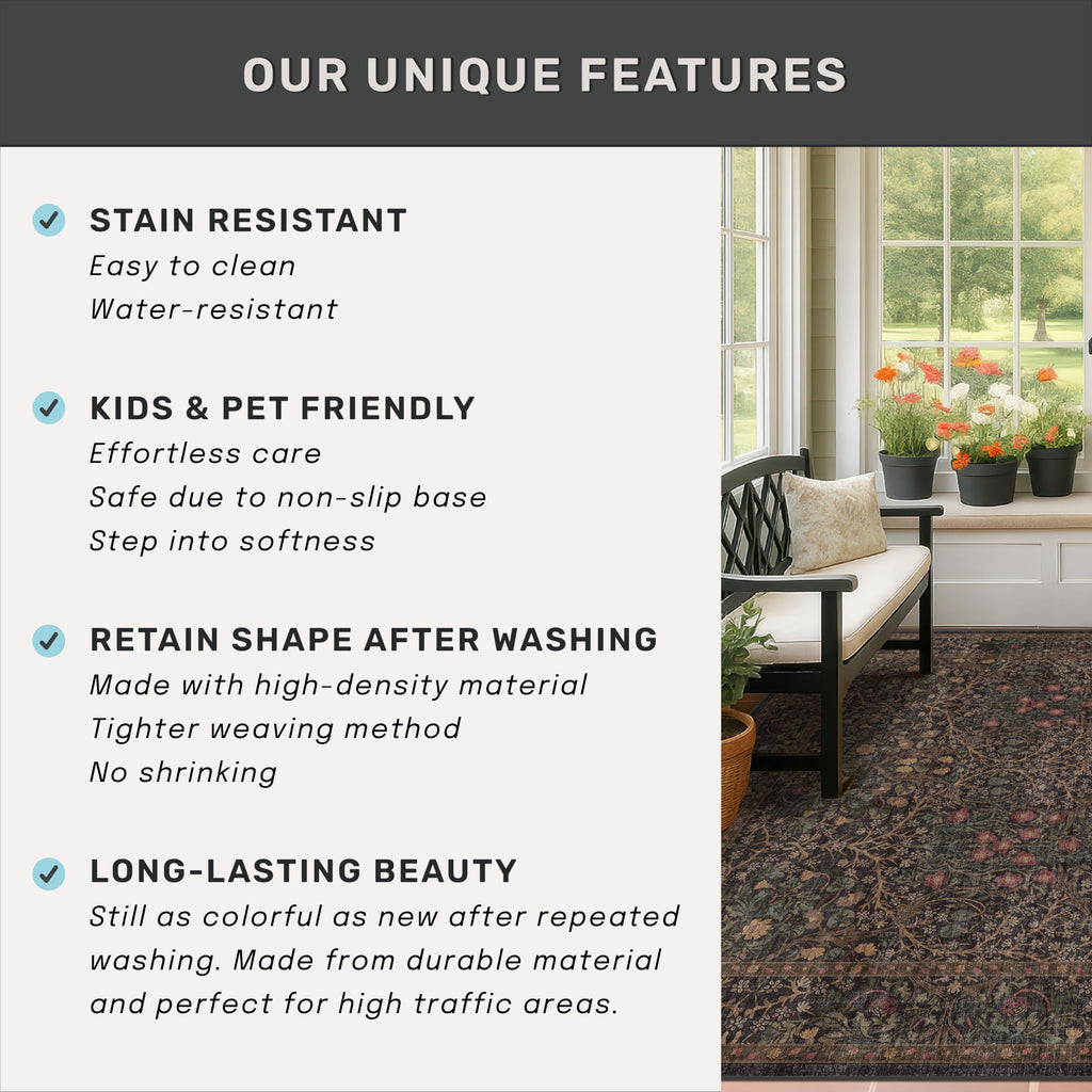 Washable Area Rugs 9x12 Living Room - Dark Brown Large Rug for Dining Room Under Table, Bedroom, Soft Low Pile Non-Slip Stain Resistant Carpet - Vintage Floral Plant Design