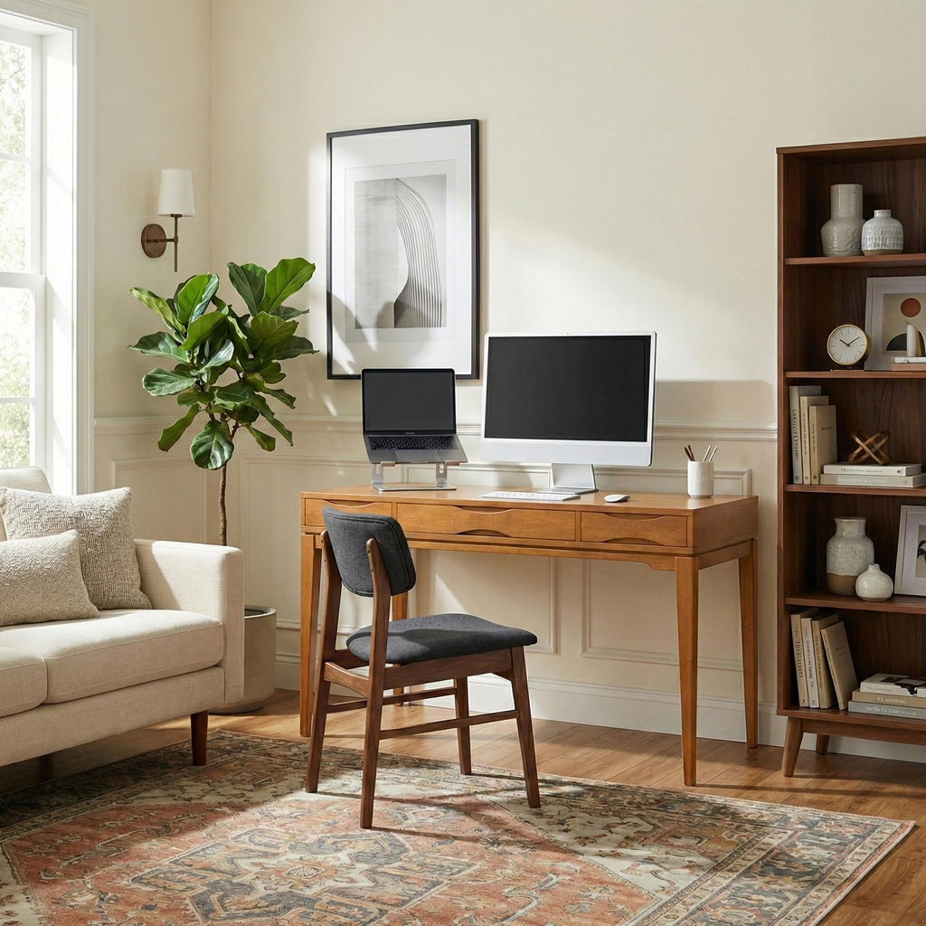SIMPLIHOME Harper Desk - 60 Inch Wide Solid Wood Writing Desk in Light Golden Brown, Mid-Century Modern Home Office Computer Table for Study with 2 Drawers and Flip-Down Keyboard Tray