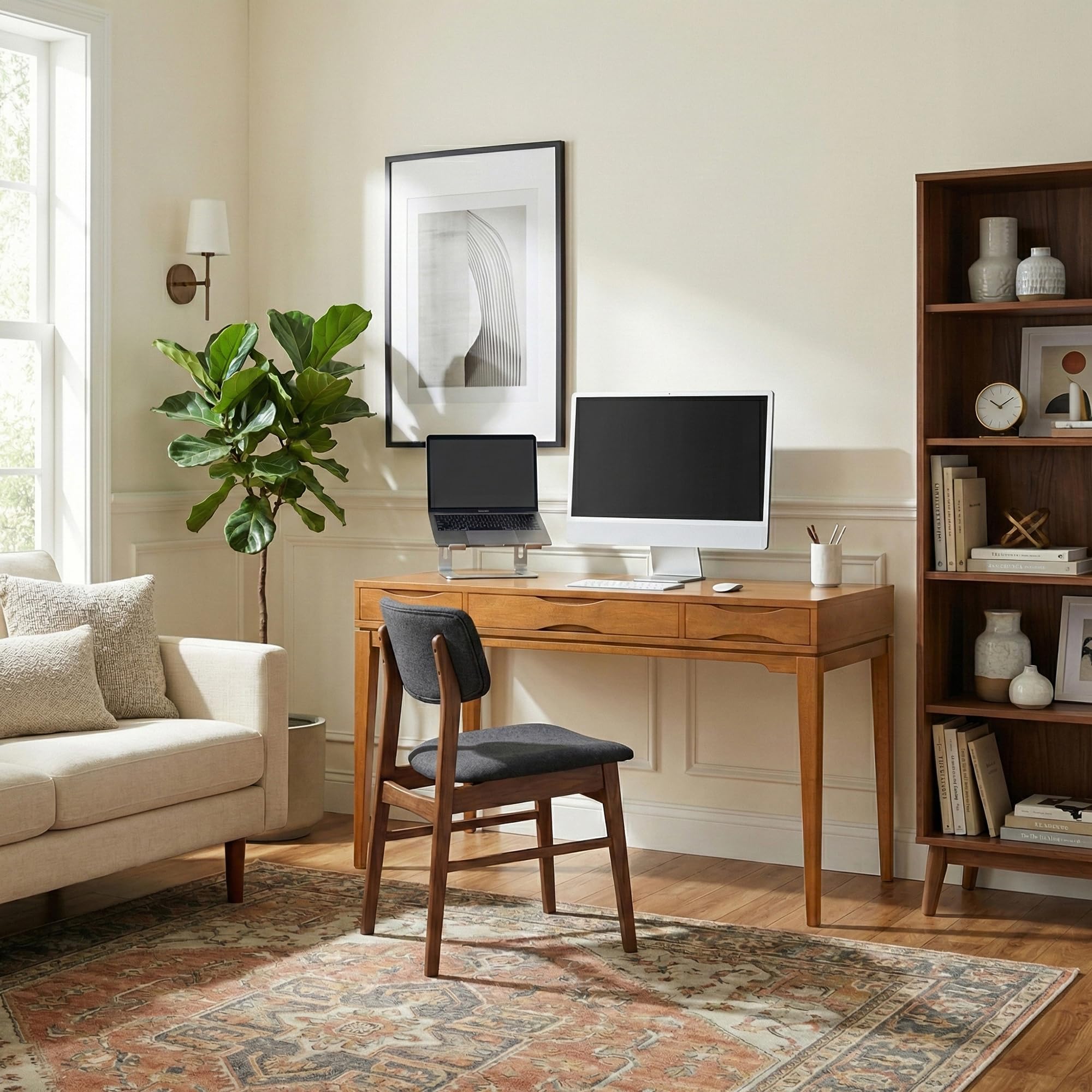 SIMPLIHOME Harper Desk - 60 Inch Wide Solid Wood Writing Desk in Light Golden Brown, Mid-Century Modern Home Office Computer Table for Study with 2 Drawers and Flip-Down Keyboard Tray