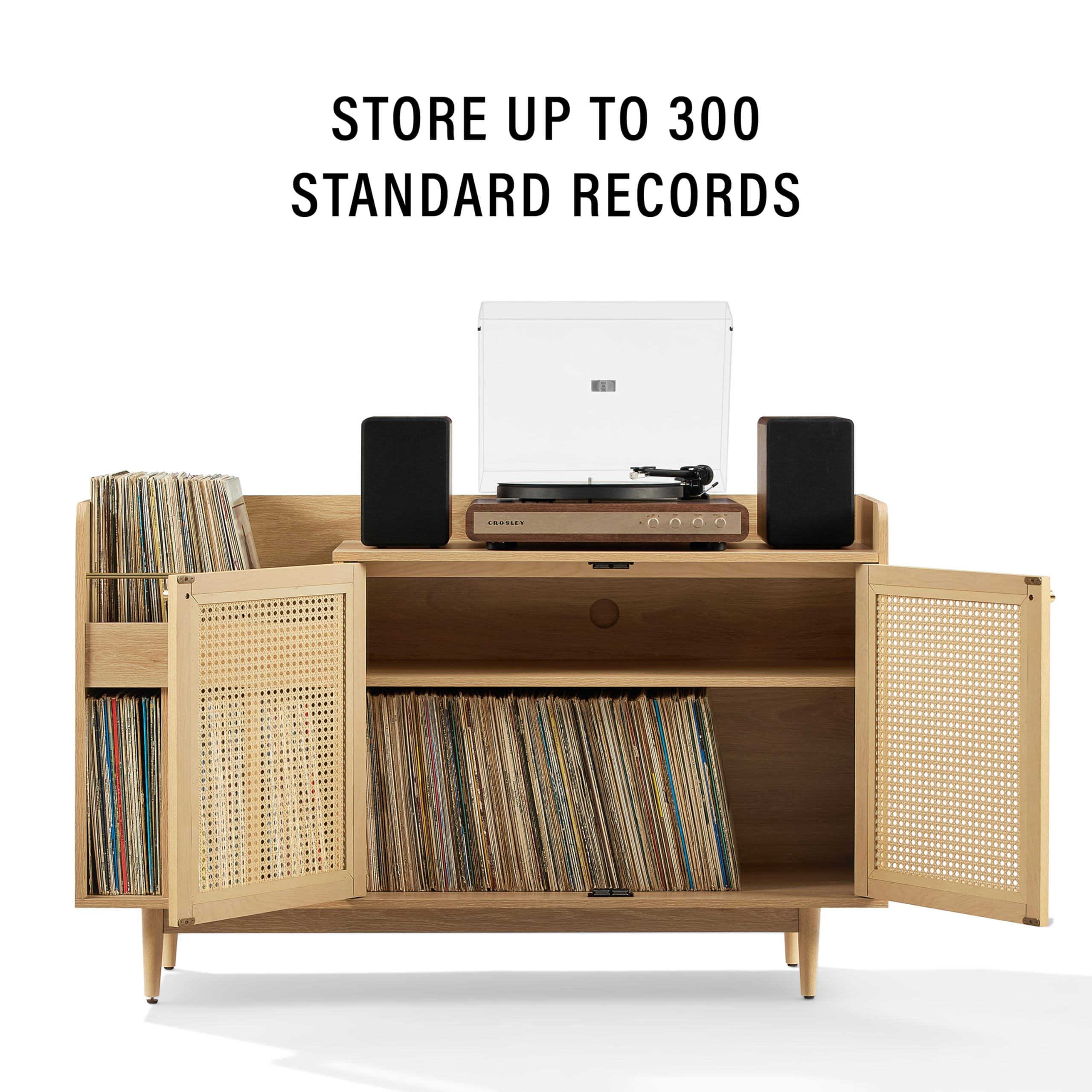 Crosley Furniture Maeve Record Player Cabinet, Vinyl Storage, Rattan Turntable Stand for Records, Ash