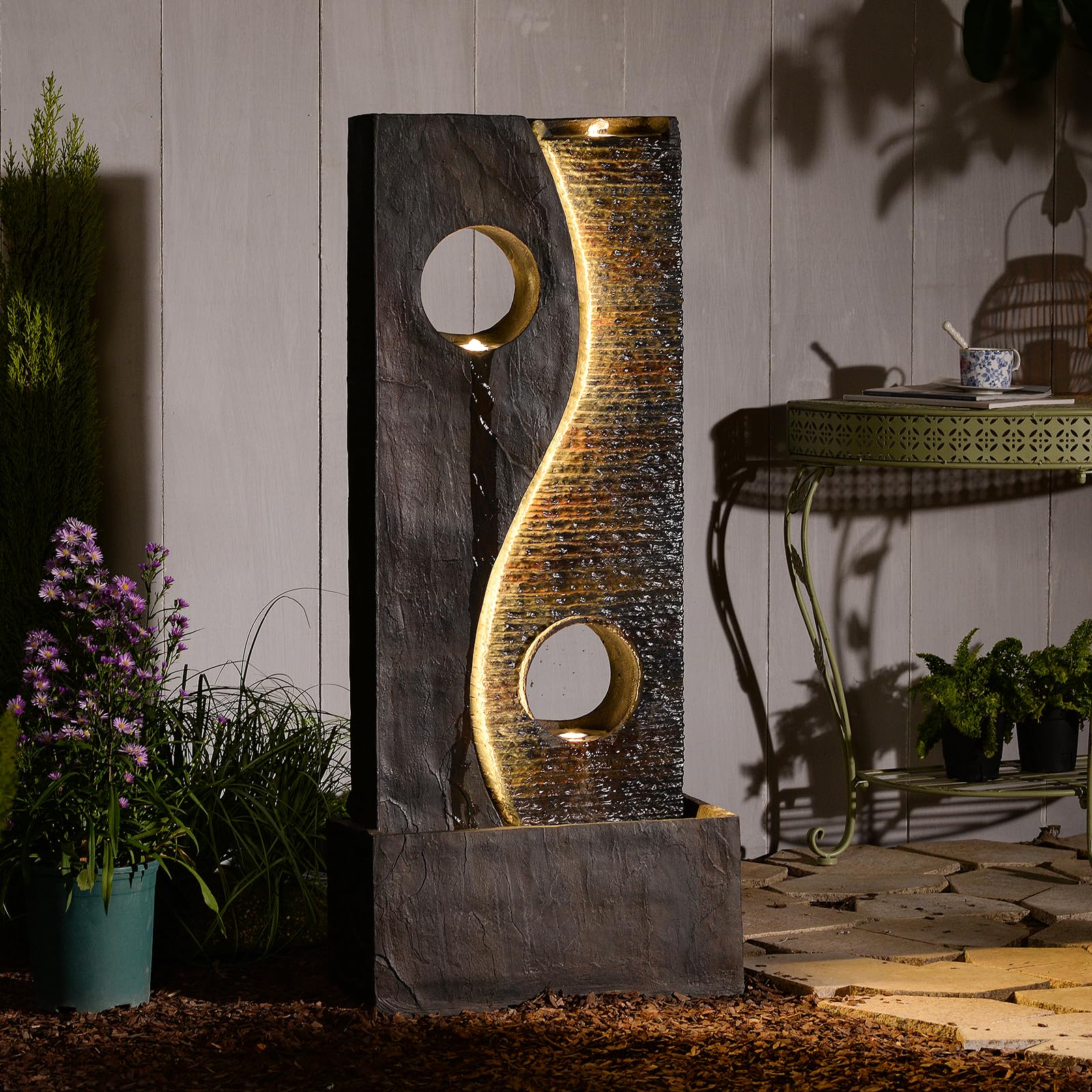 Tankana 47 inches Outdoor Water Fountain Garden Waterfall Indoor Large Water Feature Freestanding Fountains with LED Strips, Three spouts for Patio Backyard Deck Porch Home Decor, Dark Gray