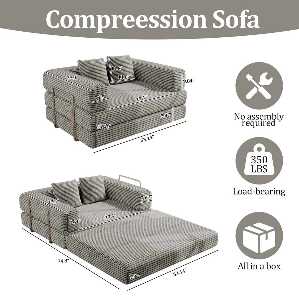 BSHOMGI Folding Sofa Bed, 4 in 1 Convertible Sofas to Lounger Comfy Floor Portable Foldable Sleeper Lazy Futon Couch Chair for Bedroom, Living Room (Light Gray, 53.15" Double Sofa)