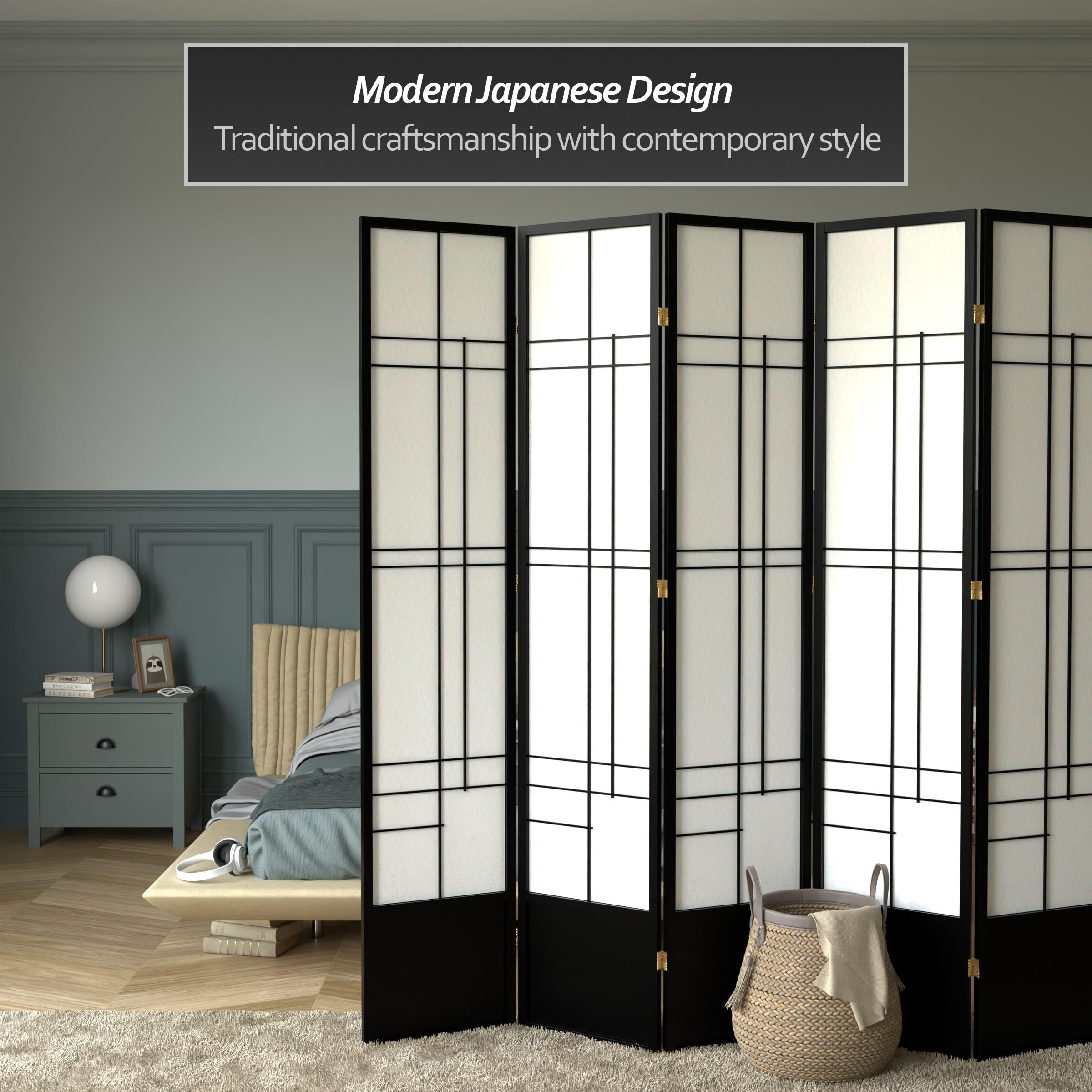 Red Lantern 7 ft. Tall Eudes Shoji Screen - Black - 5 Panels