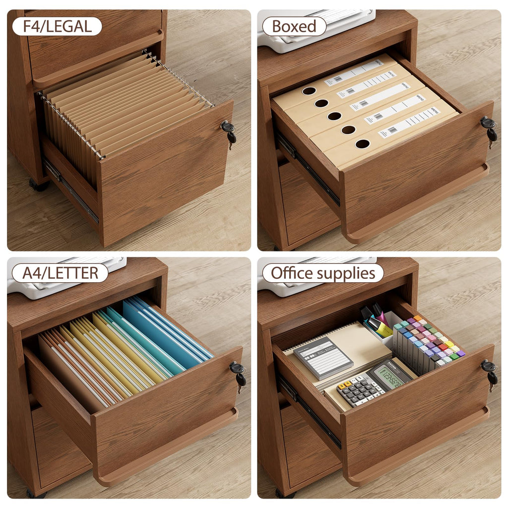 KungFuWood Wheeled Double-Drawer Filing Cabinet, Lockable Mobile File cabinets, Suitable for Home Offices or Storage cupboards for Storing Legal documents or Letter-Sized Files.