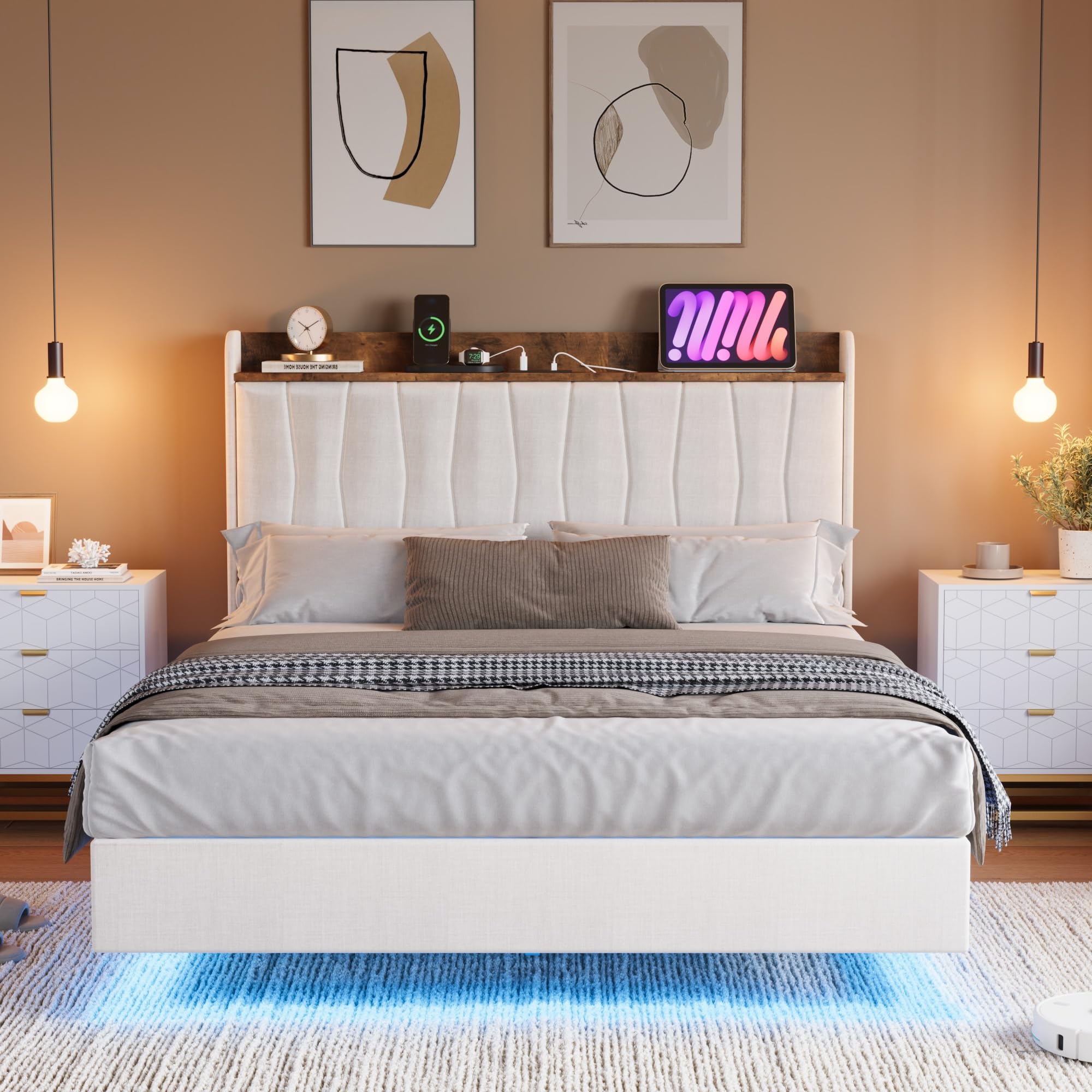 IDEALHOUSE King Floating Bed Frame with LED Lights & Charging Station, Upholstered Platform Bed with Storage Headboard, Wood Slats Support, No Box Spring Needed, Easy to Assemble, White