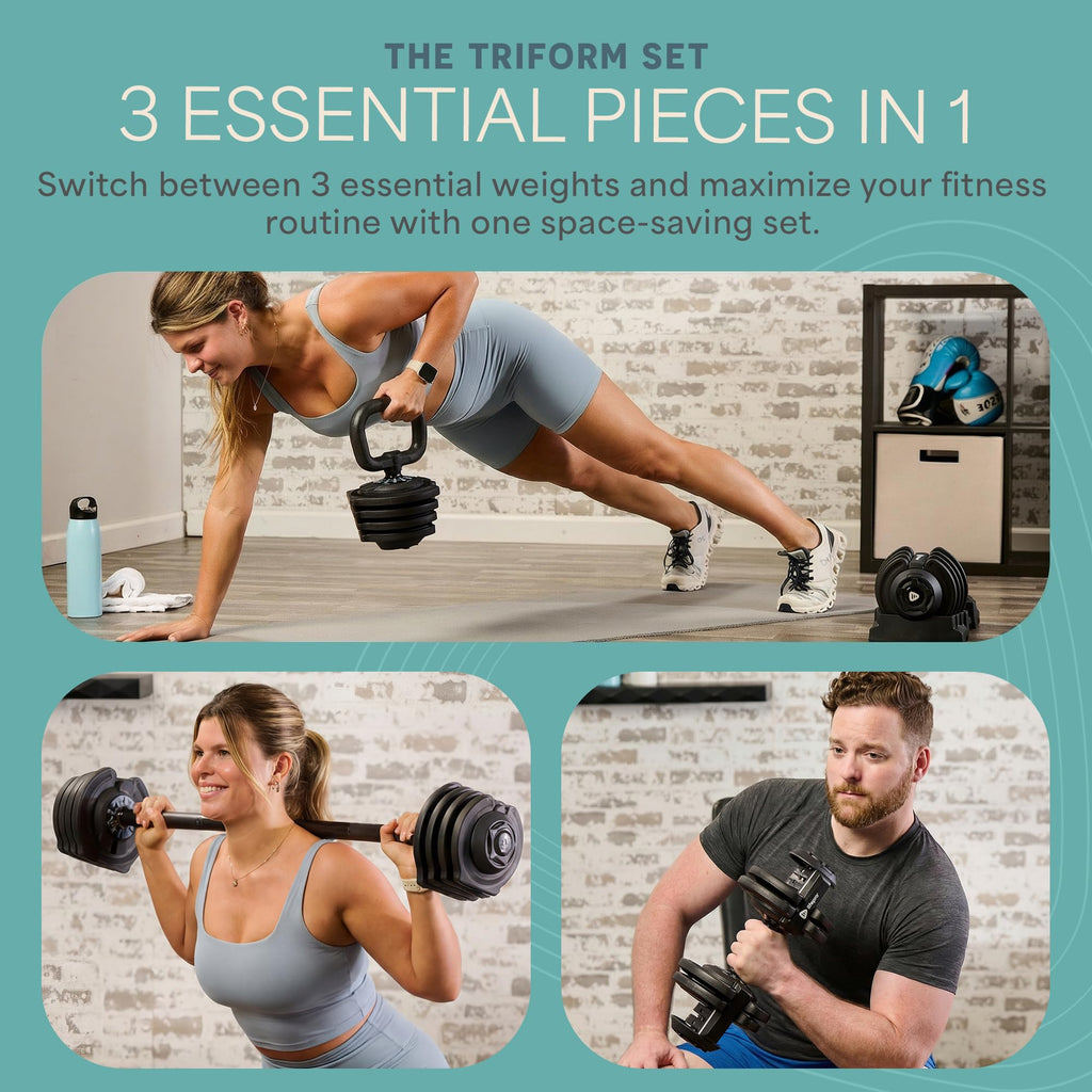 LifePro Adjustable Dumbbell Set, 3-in-1 Triform Barbell Kettlebell Weight Set — 2 to 43 lbs Turn-Dial Quick Adjust Weights for Home Gym, Compact Hand Weights for Women and Men