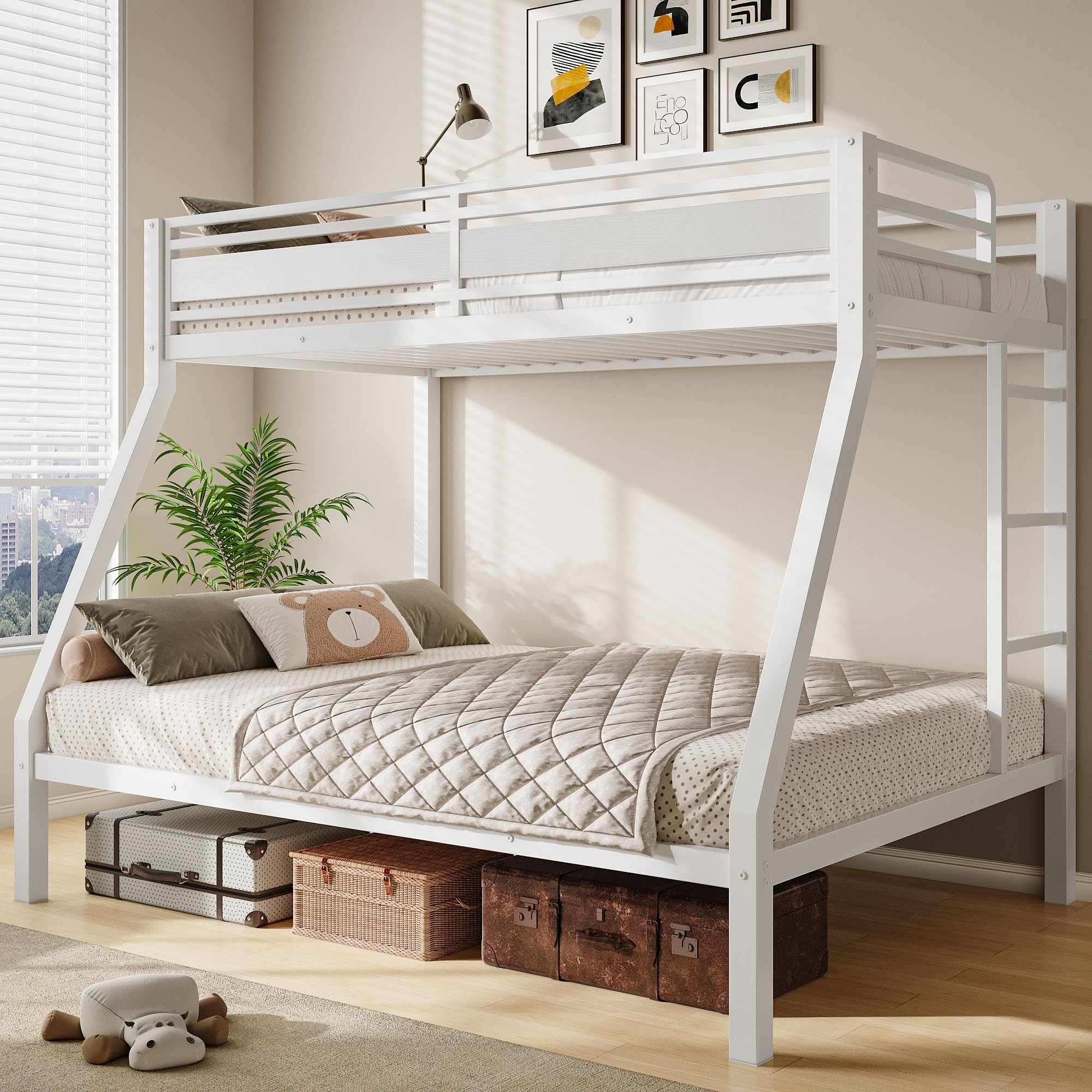 Feonase Bunk Beds Twin Over Full Size, Heavy Duty Metal Bunk Beds with Safety Guardrail & Ladders, Steel Loft Bed Frame for Teens and Adults, Apartment or Dorm, Noise Free & Easy Assembly, White