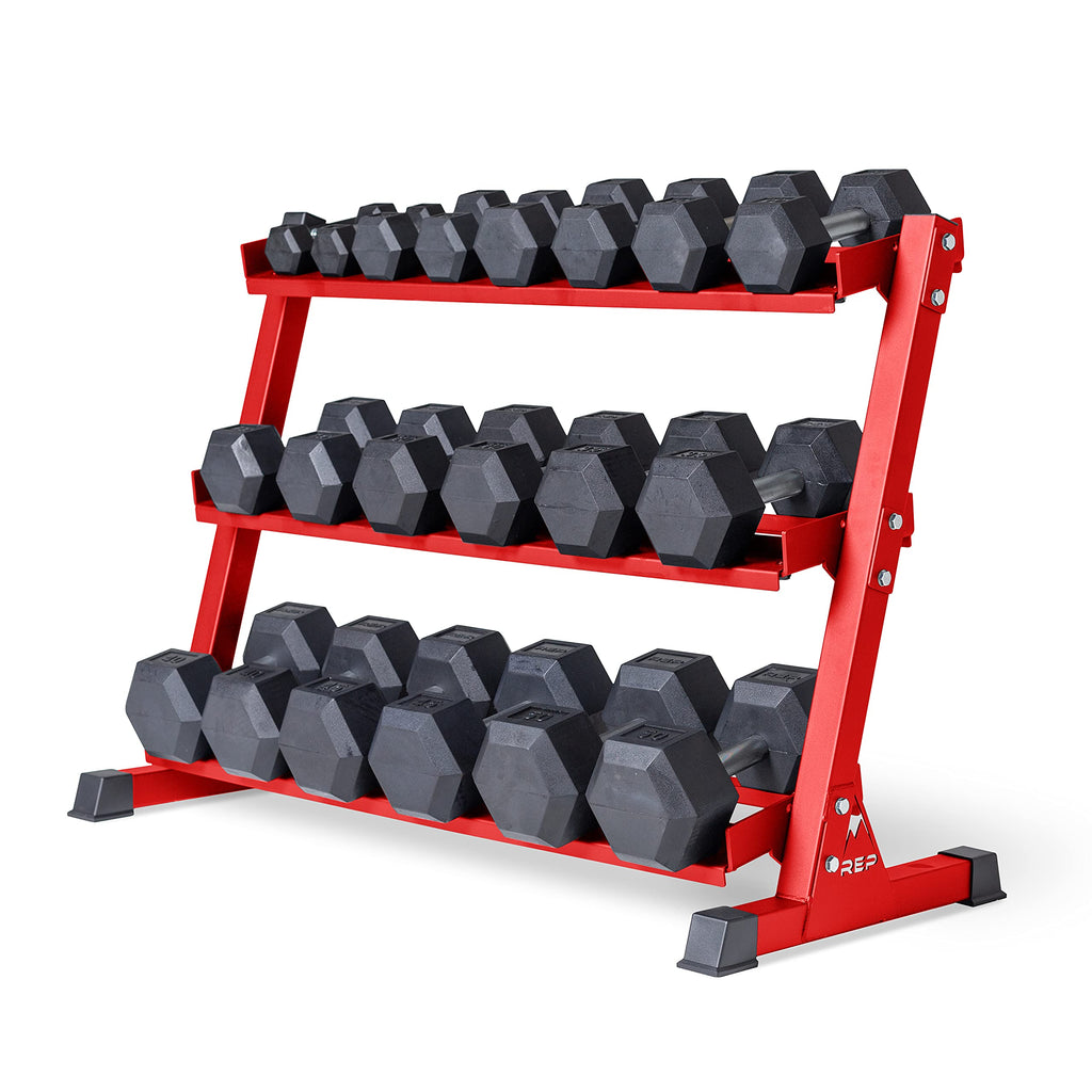 REP Fitness Rubber Hex Dumbbells, Includes Red Rack, 5–50 lb Weight Pairs, Heavy-Duty Sets, Textured Handles, Bundled Package for Men & Women, Home Gym Strength Training, Lifting and Muscle Growth