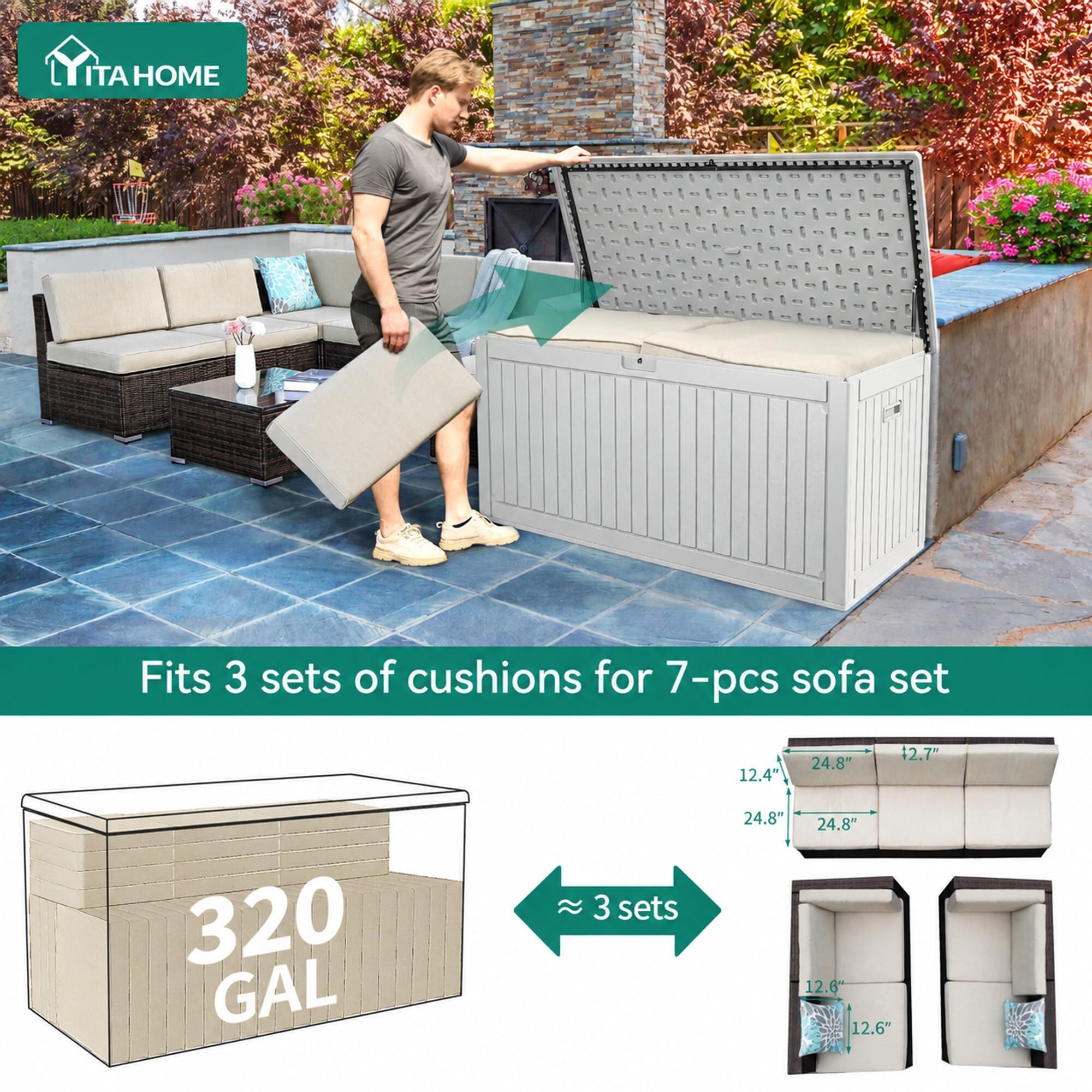 YITAHOME 320 Gallon Extra Large Deck Box, Double-Wall Resin Outdoor Storage Box with Flexible Divider for Patio Cushions Pool Supplies Garden Tools, 1000lbs Load Capacity, Lockable&Waterproof (White)