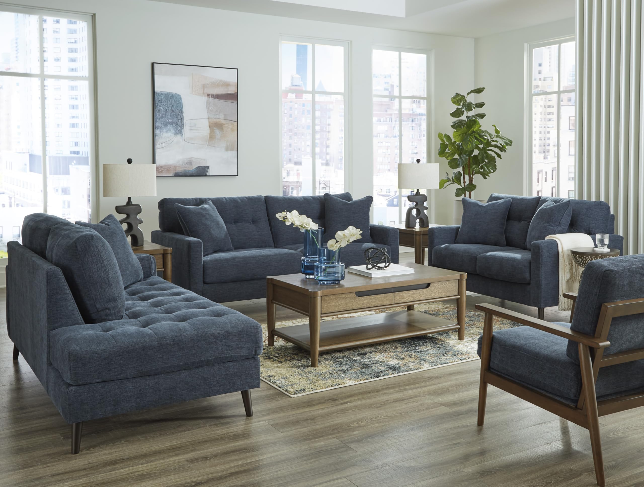 Signature Design By Ashley Bixler Classic Tufted Right-arm Facing Corner Chaise with Tapered Legs and Removable Cushions, Blue