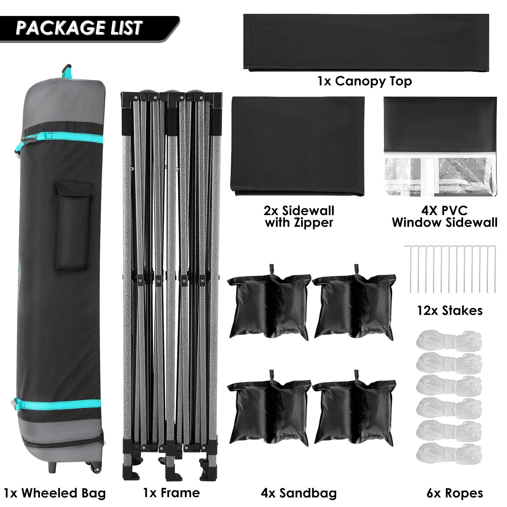 COBIZI 10x20 Heavy Duty Pop up Canopy Tent with 6 sidewalls Easy Up Commercial Outdoor Wedding Party Tents for Parties All Season Wind & Waterproof Gazebo Roller Bag, Black(Frame Thickened)