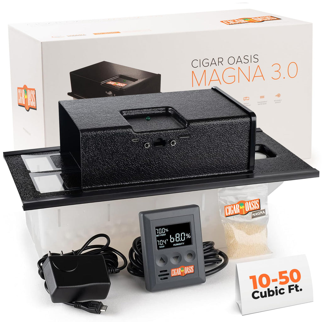 Cigar Oasis Magna 3.0 Cigar Humidor Humidifier - Electric Humidifier for Cigars - LCD Humidity & Temperature Display - Efficient Sensor Controlled Fan - Soft-Touch Button - 10-50 Cubic Ft Cabinet