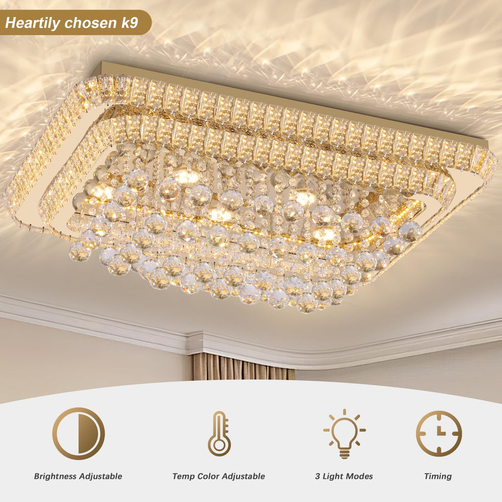 32 inch Crystal Flush Mount Chandelier, Modern Raindrop Crystal Gold Chandeliers with Remote and APP, 3 Colors Temp & Brightness Adjustable, Ceiling Light for Bedroom Hallway DiningRoom Living Room