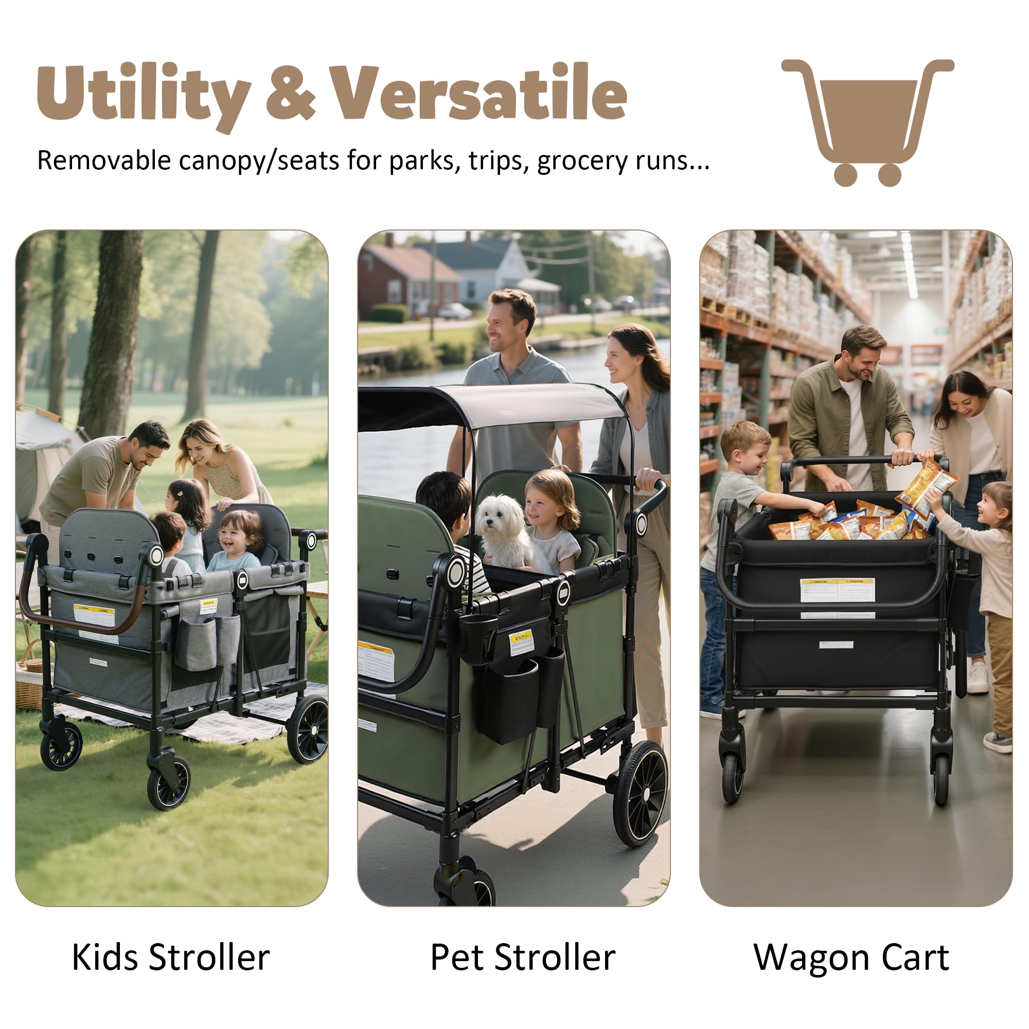 TODEFULL Wagon Stroller for 4 Kids, Foldable Kids Wagon Cart Featuring with Harnesses, Adjustable Double Push Handle, Removable Canopy, Snack Tray, Large Storage Bag